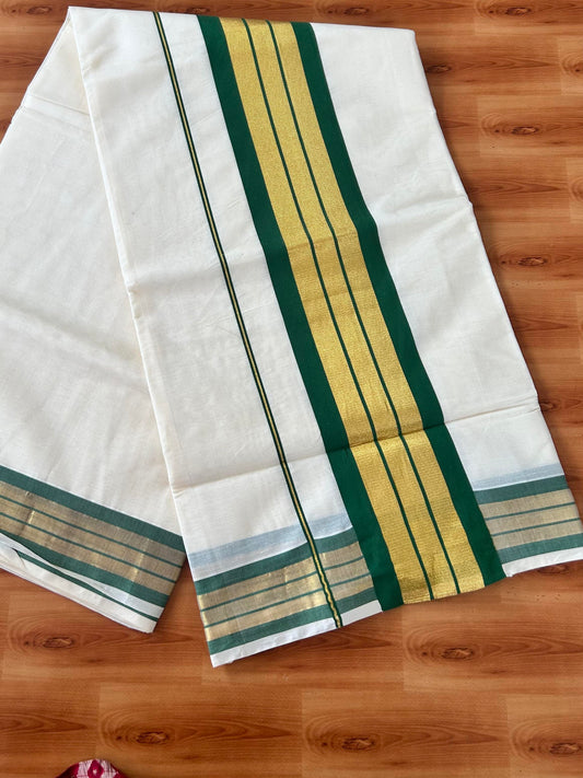 25% Discount! Kaitharikada Kerala Traditional Saree Off white- Mixed Cotton Kasavu Saree - 4.5 Inch  Pallu - Gold Kasav & Green Kara - 5 KK7000 PMC