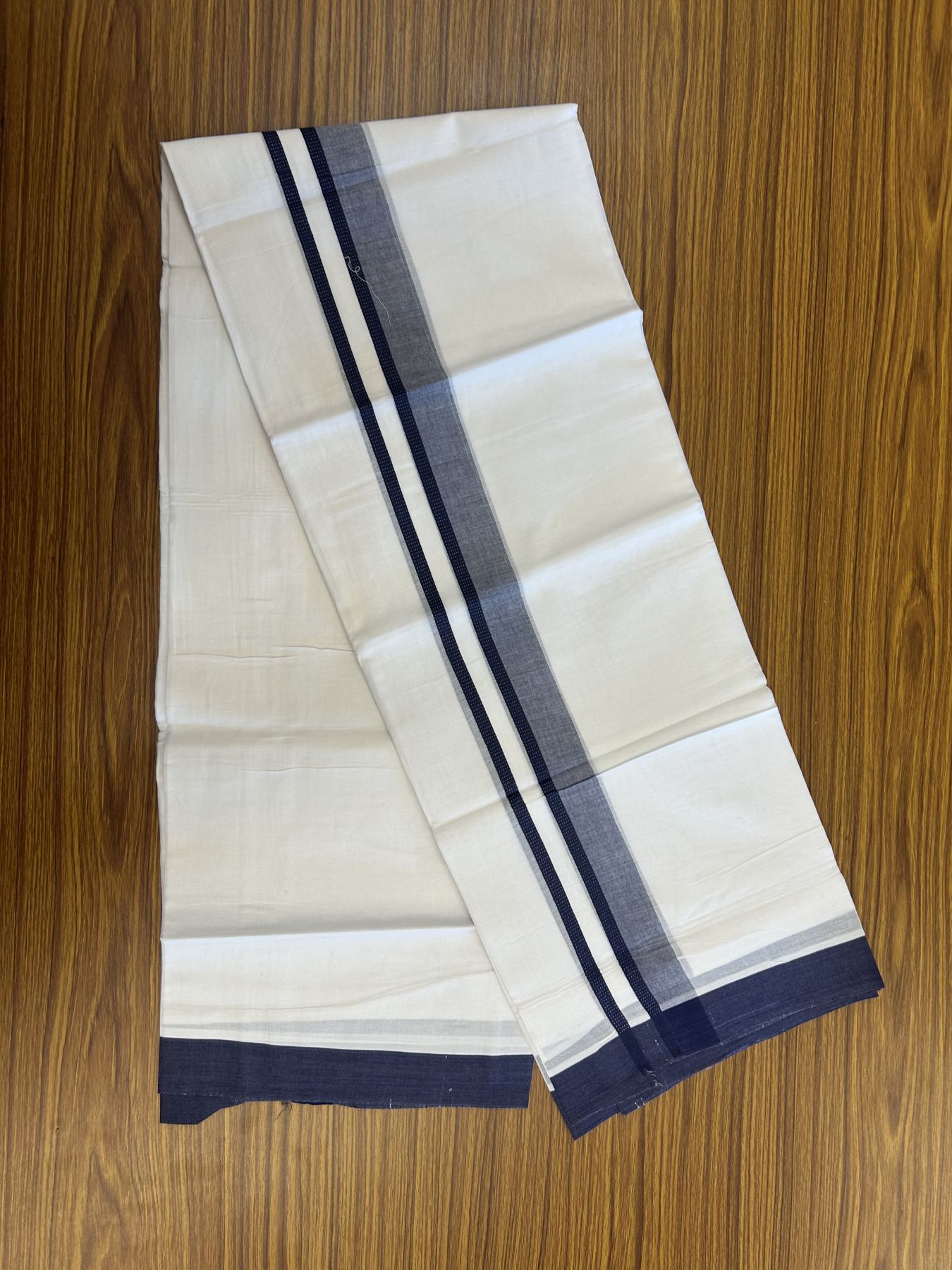20% Discount! KaithariKada Balaramapuram 100% Cotton Double Pure white Mundu/Dhoti- 100x80 - 1.5 inch Navy Blue shaded kara - 3.75 mtr ( 8 muzham) - 54 KK5315 VAS