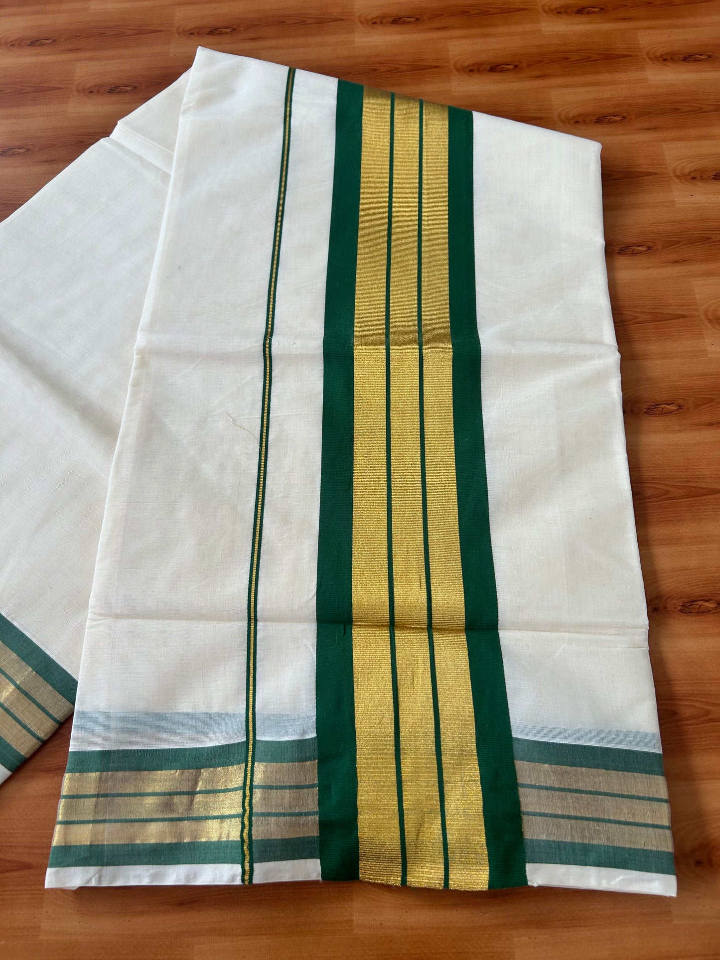 25% Discount! Kaitharikada Kerala Traditional Saree Off white- Mixed Cotton Kasavu Saree - 4.5 Inch  Pallu - Gold Kasav & Green Kara - 5 KK7000 PMC