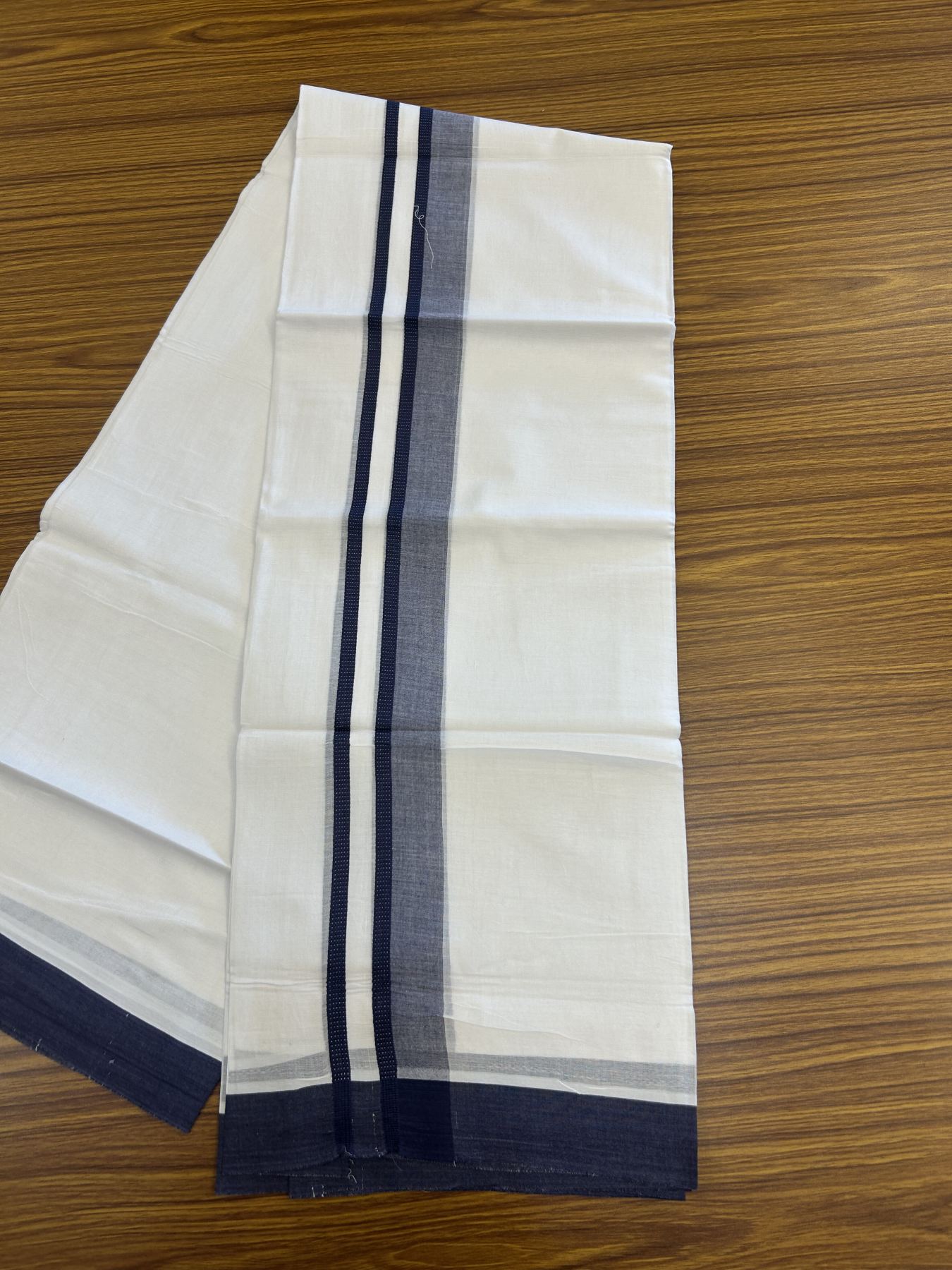 20% Discount! KaithariKada Balaramapuram 100% Cotton Double Pure white Mundu/Dhoti- 100x80 - 1.5 inch Navy Blue shaded kara - 3.75 mtr ( 8 muzham) - 54 KK5315 VAS