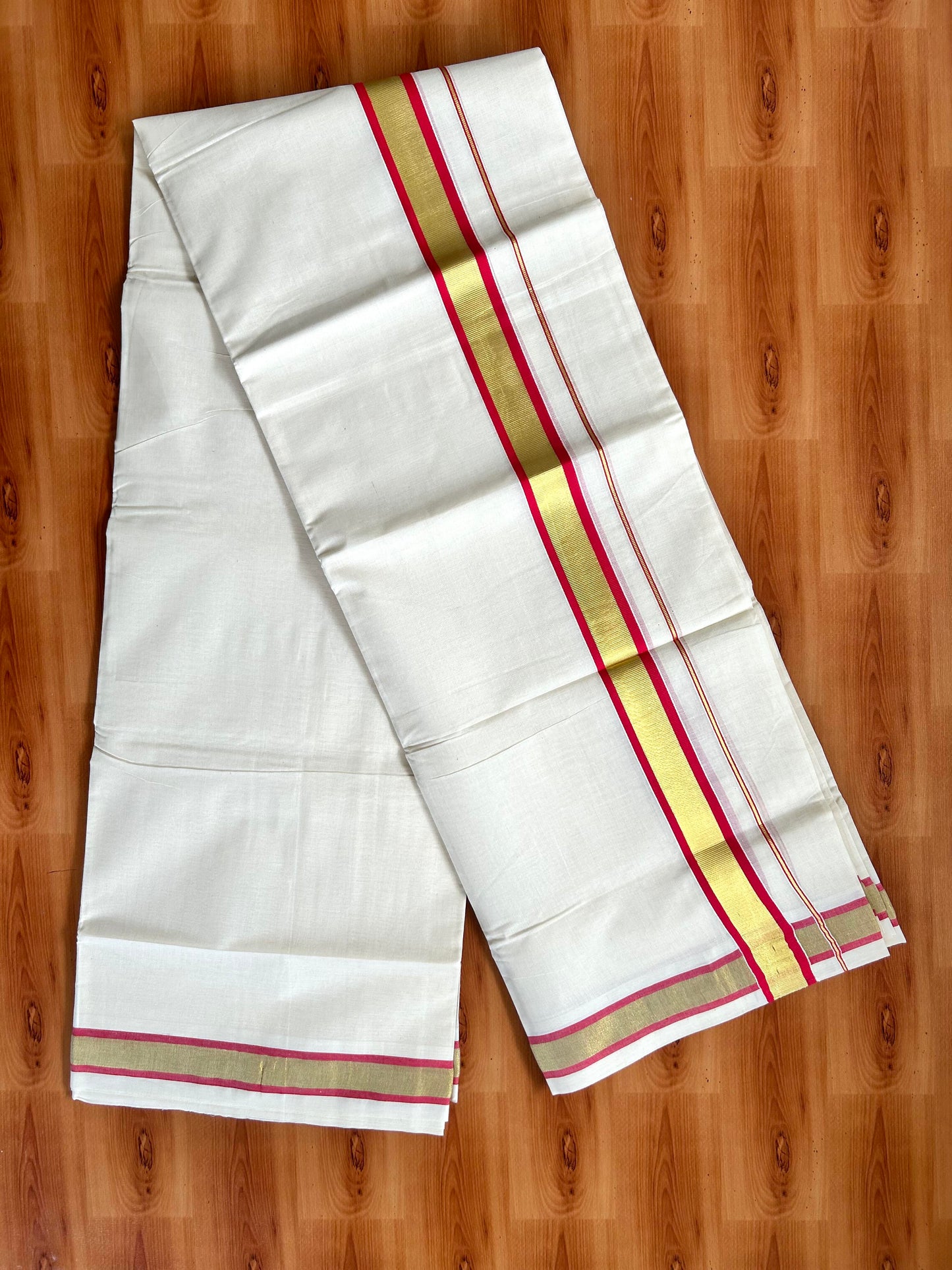 Double Off White - (Unbleached) Mundu/Dhoti - 20% Discount! KaithariKada Balaramapuram Pure Cotton - 80s - 1.25 inch Gold Kasav & Reddish Pink Kara - 4 mtr (8.5 Muzham) - 5 KK5413 GAN