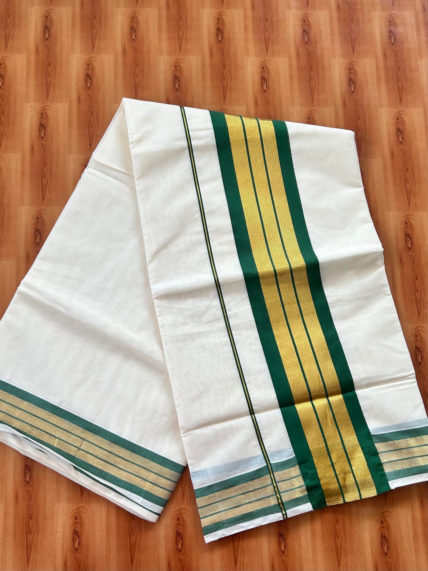 25% Discount! Kaitharikada Kerala Traditional Saree Off white- Mixed Cotton Kasavu Saree - 4.5 Inch  Pallu - Gold Kasav & Green Kara - 5 KK7000 PMC