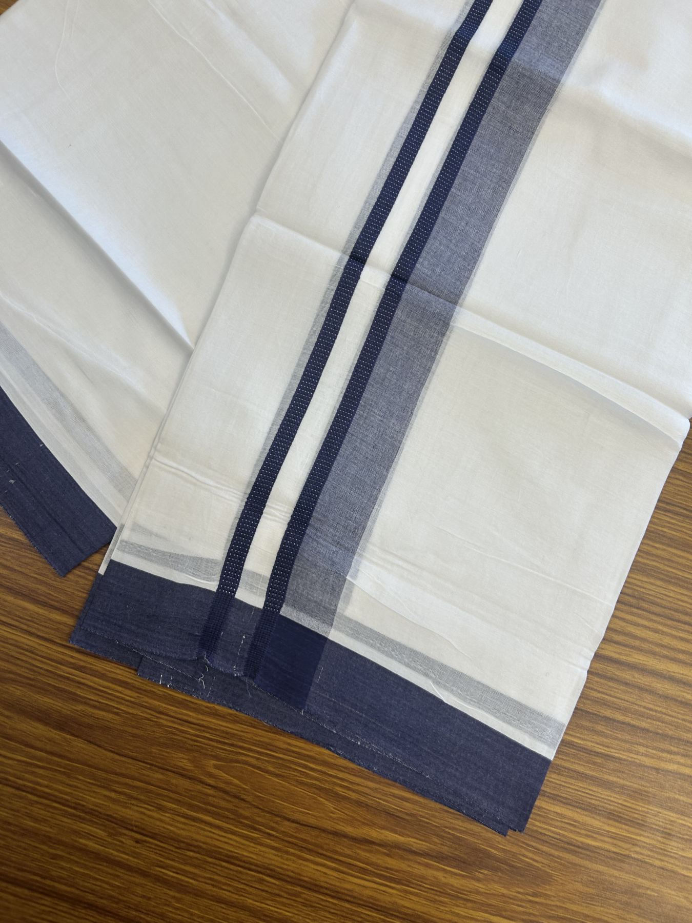 20% Discount! KaithariKada Balaramapuram 100% Cotton Double Pure white Mundu/Dhoti- 100x80 - 1.5 inch Navy Blue shaded kara - 3.75 mtr ( 8 muzham) - 54 KK5315 VAS