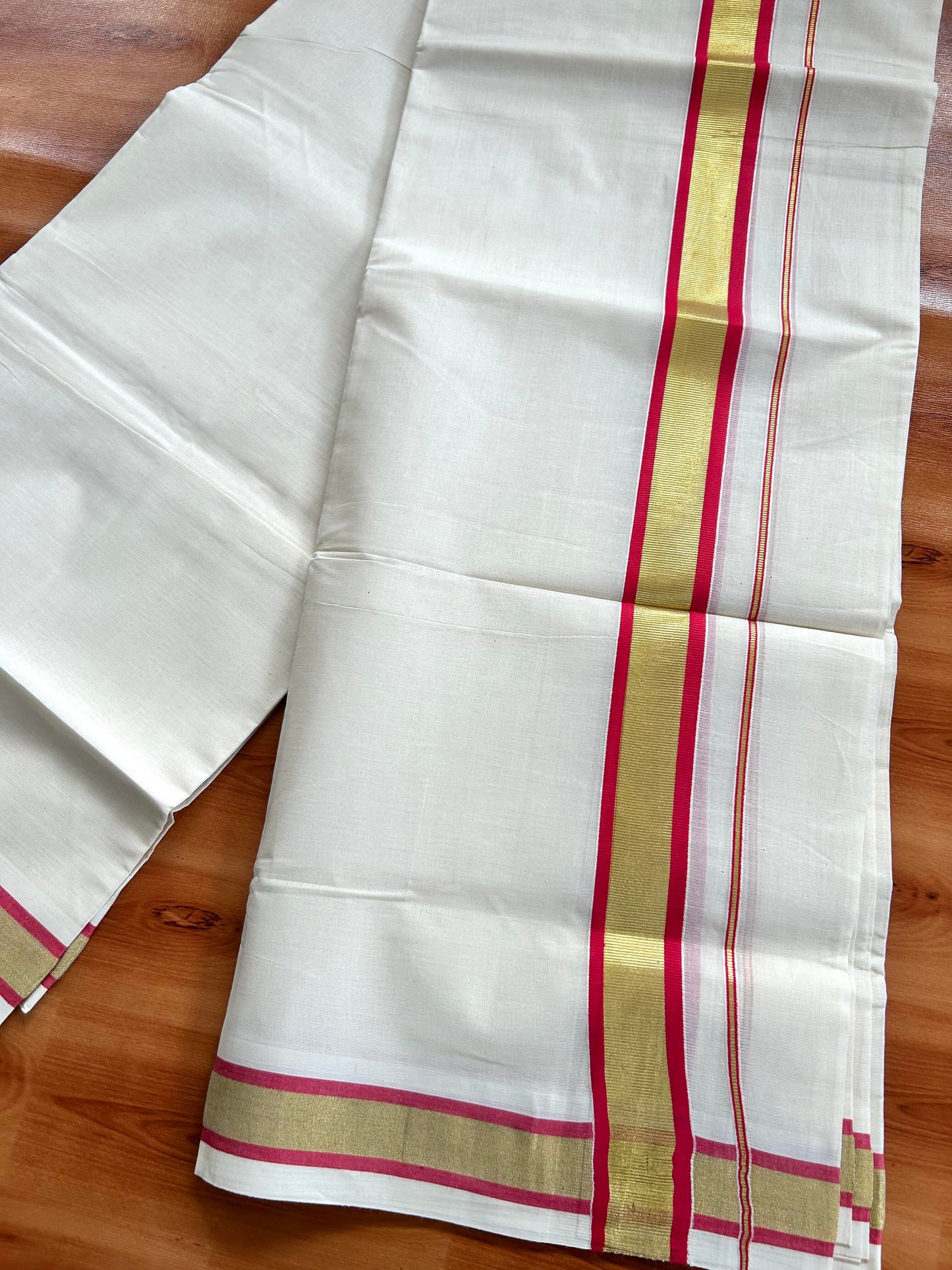 Double Off White - (Unbleached) Mundu/Dhoti - 20% Discount! KaithariKada Balaramapuram Pure Cotton - 80s - 1.25 inch Gold Kasav & Reddish Pink Kara - 4 mtr (8.5 Muzham) - 5 KK5413 GAN