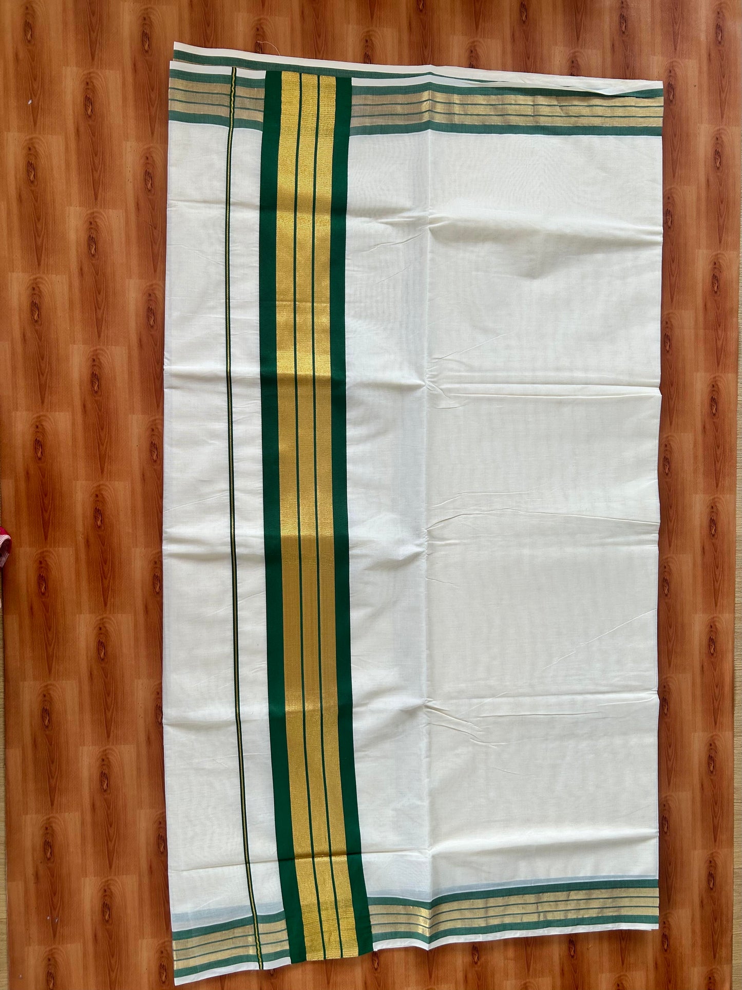 25% Discount! Kaitharikada Kerala Traditional Saree Off white- Mixed Cotton Kasavu Saree - 4.5 Inch  Pallu - Gold Kasav & Green Kara - 5 KK7000 PMC