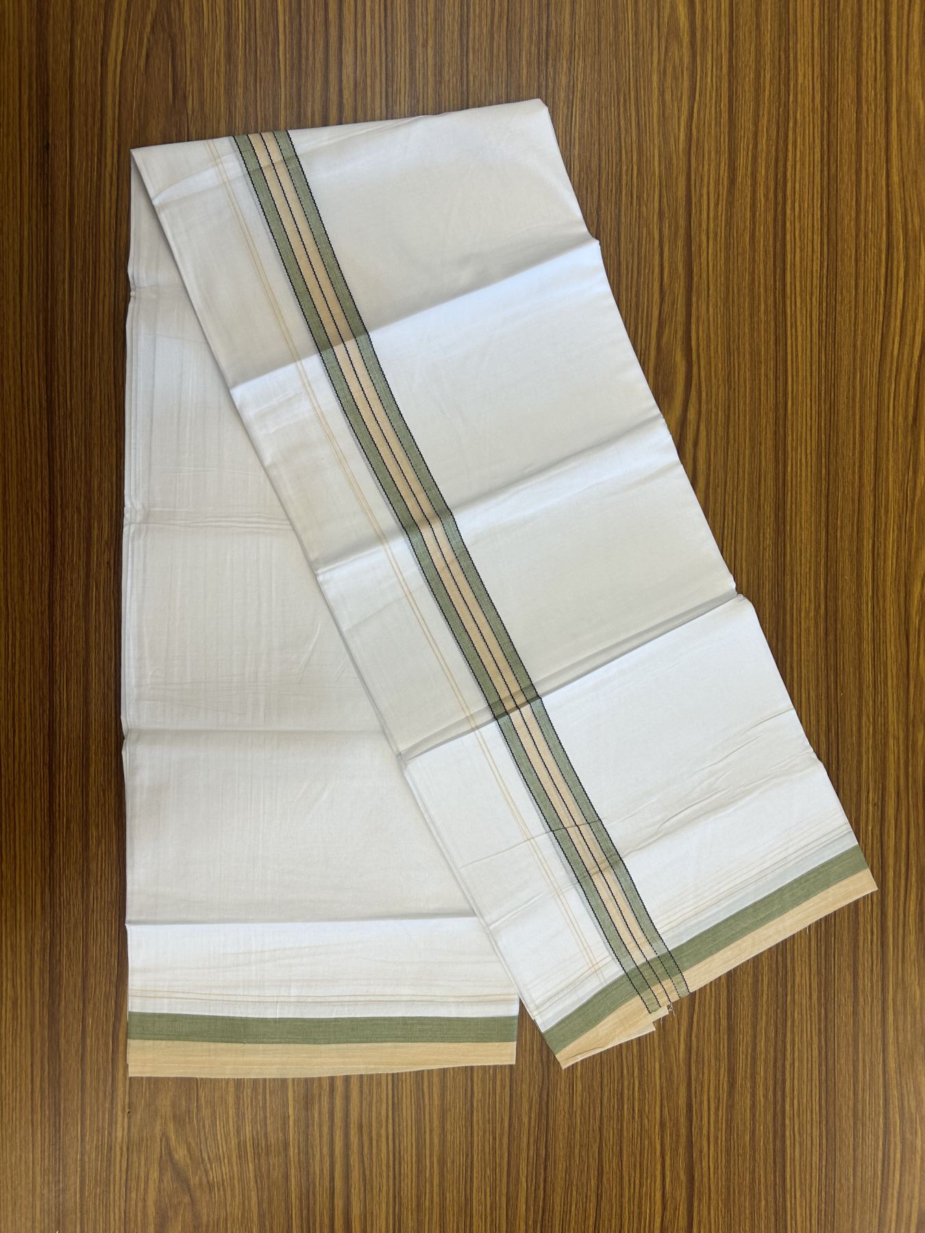 20% Discount! KaithariKada Balaramapuram 100% Cotton Double Pure white Mundu/Dhoti- 100x80 - 1.25 inch Green & Light Sand brown shaded kara - 3.75 mtr ( 8 muzham) - 58 KK5315 VAS