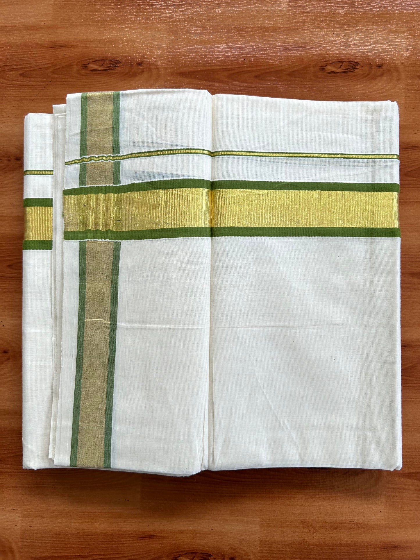 Double Off White - (Unbleached) Mundu/Dhoti - 20% Discount! KaithariKada Balaramapuram Pure Cotton - 80s - 1.25 inch Gold Kasav & Parrot Green Kara - 4 mtr (8.5 Muzham) - 9 KK5413 GAN
