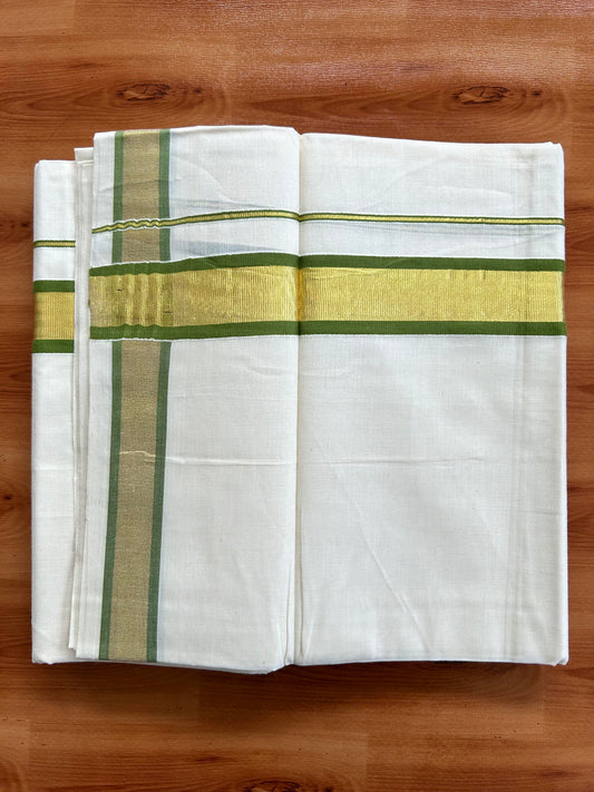 Double Off White - (Unbleached) Mundu/Dhoti - 20% Discount! KaithariKada Balaramapuram Pure Cotton - 80s - 1.25 inch Gold Kasav & Parrot Green Kara - 4 mtr (8.5 Muzham) - 9 KK5413 GAN