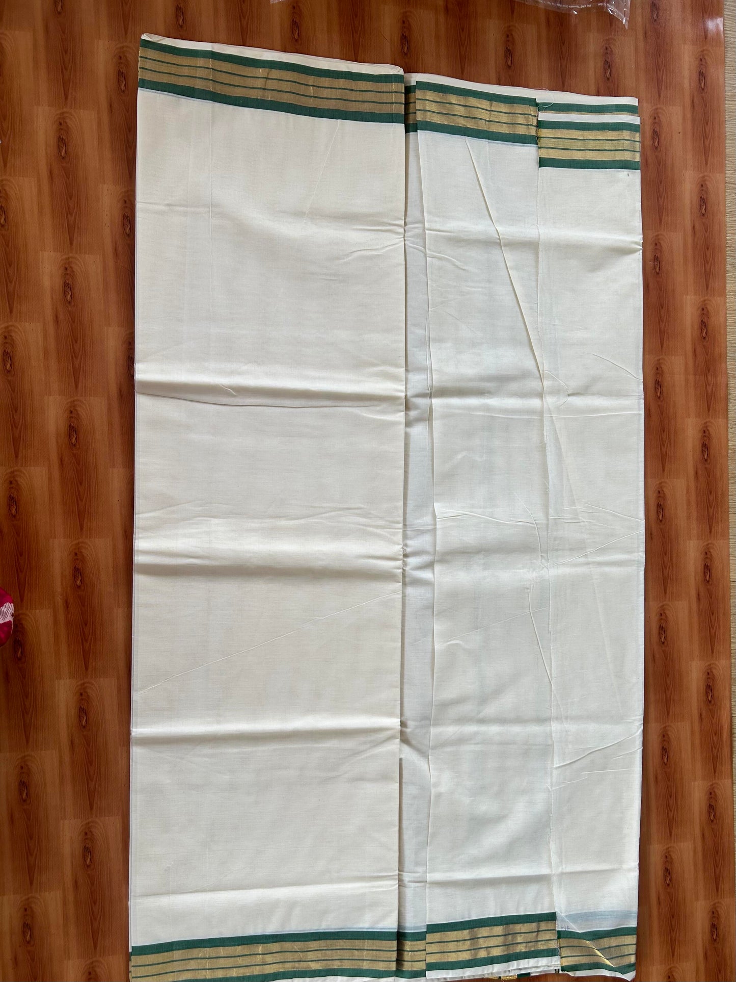 25% Discount! Kaitharikada Kerala Traditional Saree Off white- Mixed Cotton Kasavu Saree - 4.5 Inch  Pallu - Gold Kasav & Green Kara - 5 KK7000 PMC