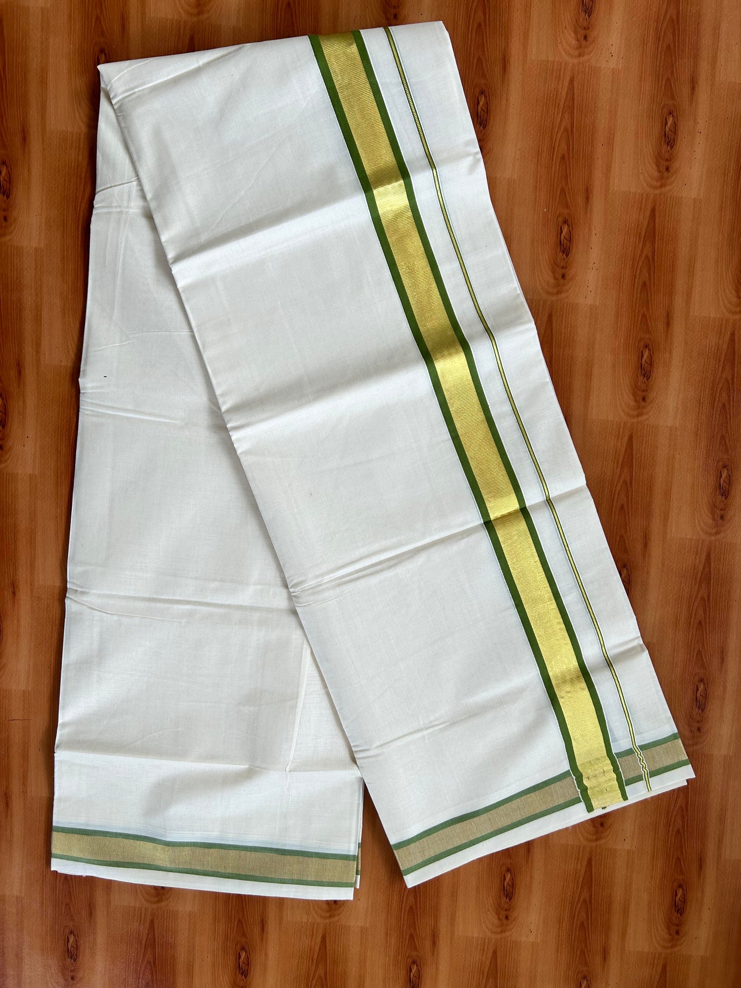 Double Off White - (Unbleached) Mundu/Dhoti - 20% Discount! KaithariKada Balaramapuram Pure Cotton - 80s - 1.25 inch Gold Kasav & Parrot Green Kara - 4 mtr (8.5 Muzham) - 9 KK5413 GAN