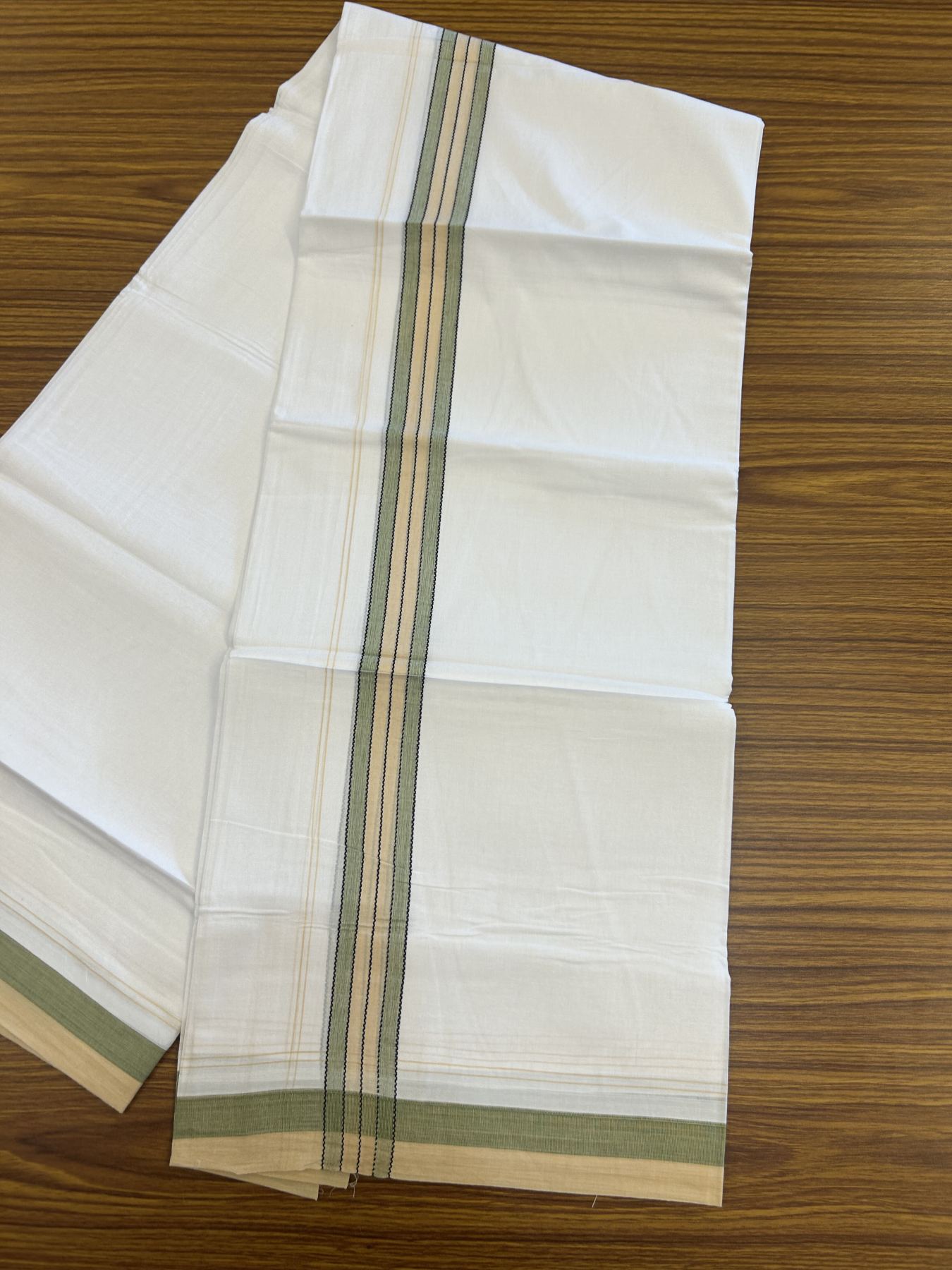 20% Discount! KaithariKada Balaramapuram 100% Cotton Double Pure white Mundu/Dhoti- 100x80 - 1.25 inch Green & Light Sand brown shaded kara - 3.75 mtr ( 8 muzham) - 58 KK5315 VAS