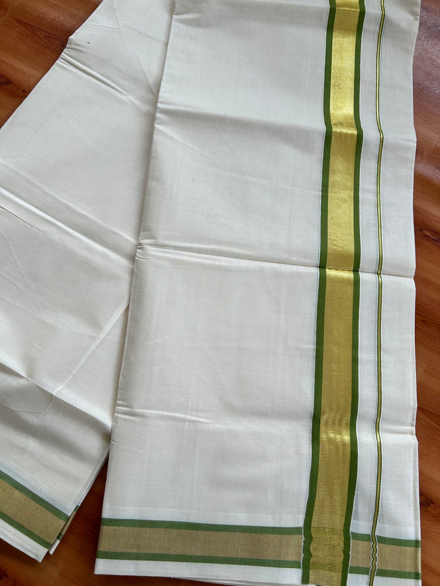 Double Off White - (Unbleached) Mundu/Dhoti - 20% Discount! KaithariKada Balaramapuram Pure Cotton - 80s - 1.25 inch Gold Kasav & Parrot Green Kara - 4 mtr (8.5 Muzham) - 9 KK5413 GAN