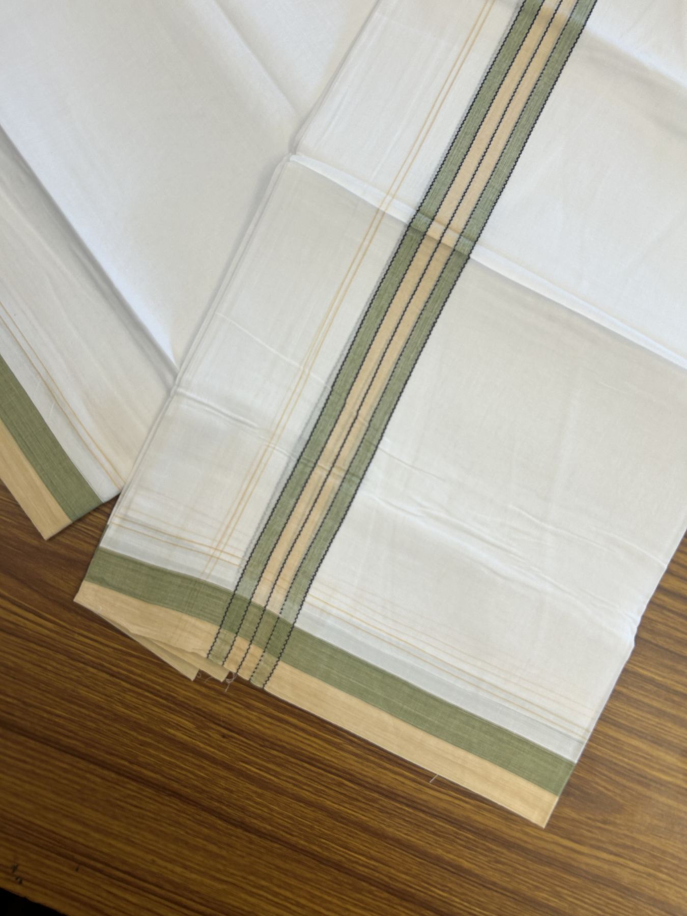 20% Discount! KaithariKada Balaramapuram 100% Cotton Double Pure white Mundu/Dhoti- 100x80 - 1.25 inch Green & Light Sand brown shaded kara - 3.75 mtr ( 8 muzham) - 58 KK5315 VAS