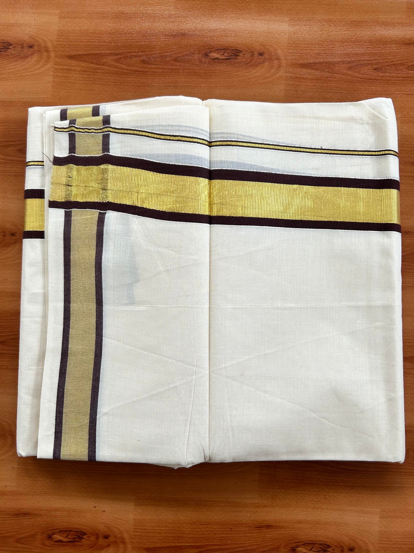Double Off White - (Unbleached) Mundu/Dhoti - 20% Discount! KaithariKada Balaramapuram Pure Cotton - 80s - 1.25 inch Gold Kasav & Brown Kara - 4 mtr (8.5 Muzham) - 8 KK5413 GAN