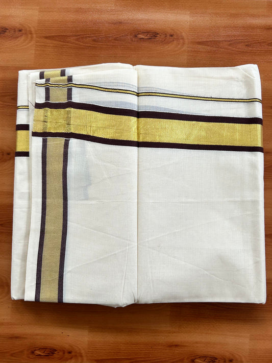 Double Off White - (Unbleached) Mundu/Dhoti - 20% Discount! KaithariKada Balaramapuram Pure Cotton - 80s - 1.25 inch Gold Kasav & Brown Kara - 4 mtr (8.5 Muzham) - 8 KK5413 GAN