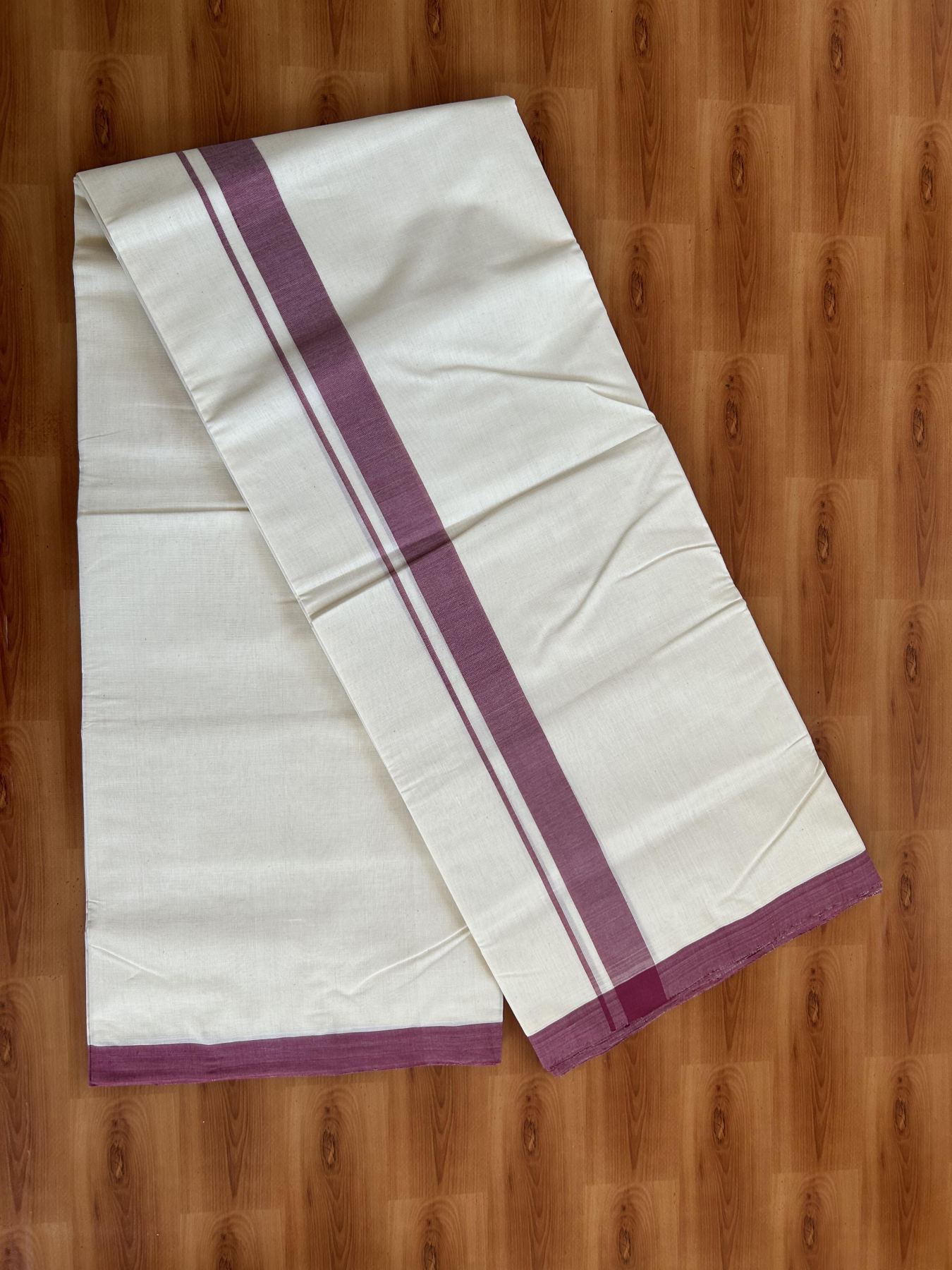 25% Discount! KaithariKada Handloom Millpaav - Kerala Handloom - Cotton Double Mundu/Dhoti Off white (Unbleached) - 80x90 - 1.5 inch Maroon Mulloth Kara 4.50 meter (10 Muzham) - 108 KK5383 RAM