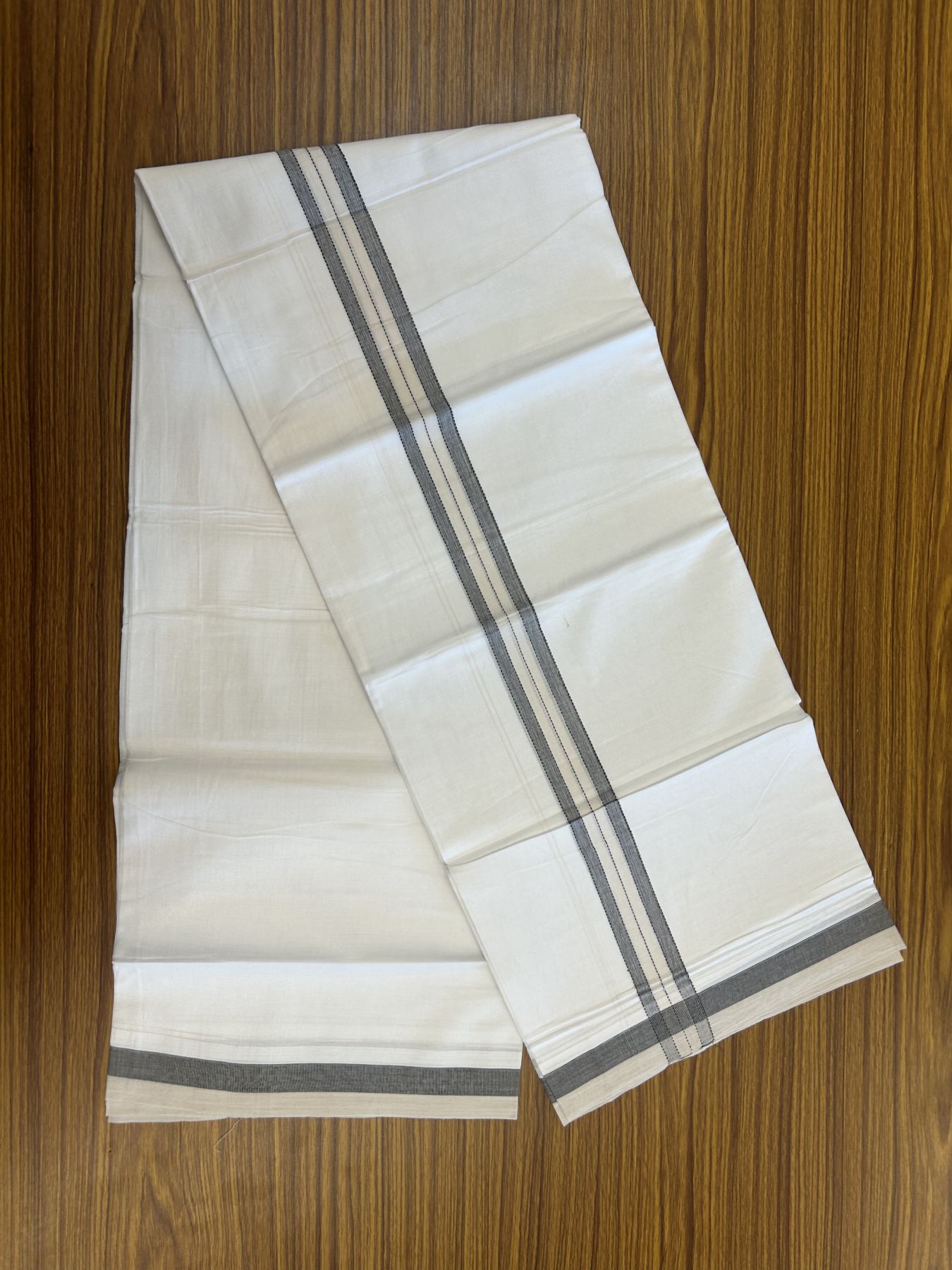 20% Discount! KaithariKada Balaramapuram 100% Cotton Double Pure white Mundu/Dhoti- 100x80 - 1.25 inch Black & Cream shaded kara - 3.75 mtr ( 8 muzham) - 56 KK5315 VAS