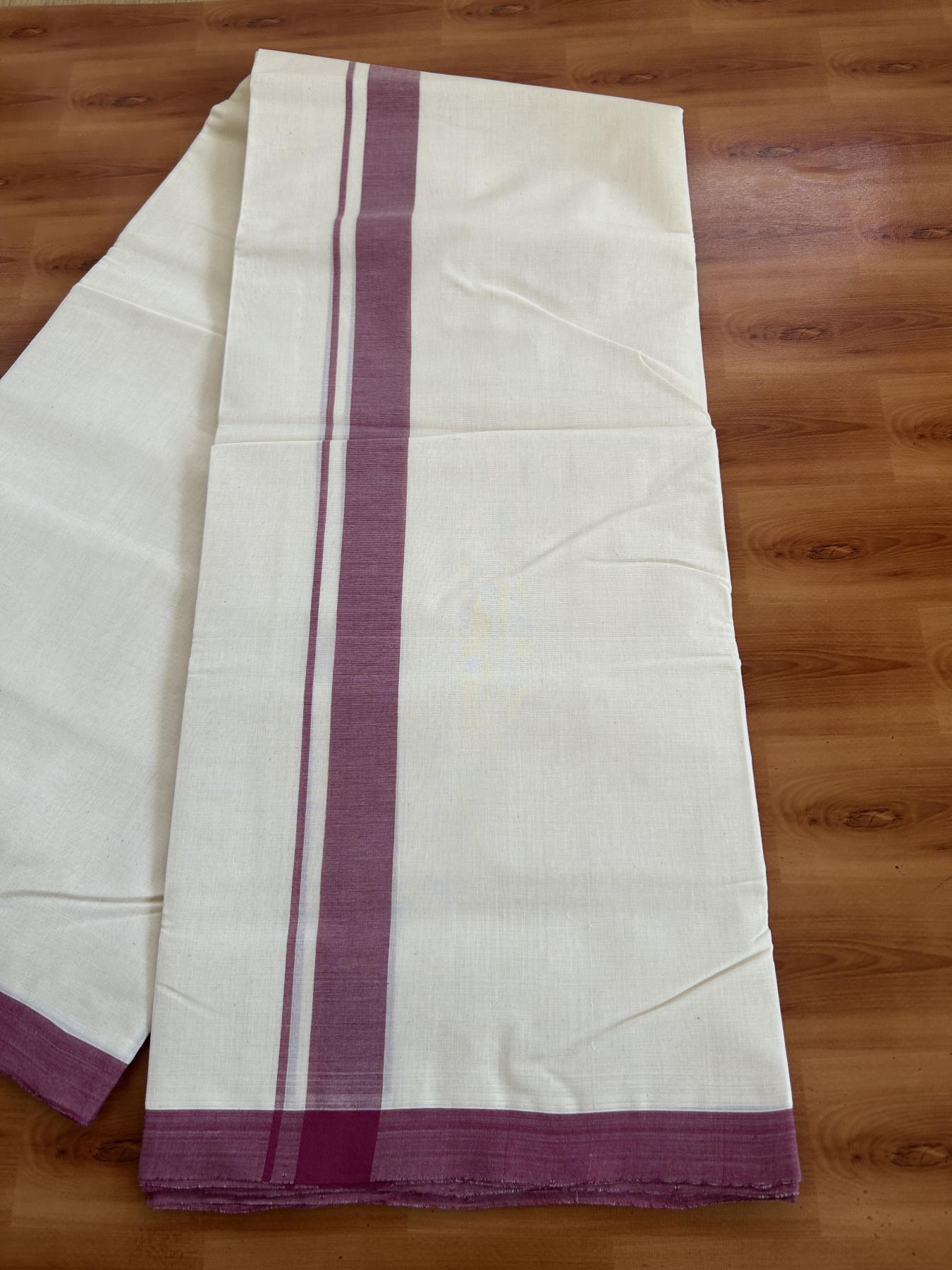 25% Discount! KaithariKada Handloom Millpaav - Kerala Handloom - Cotton Double Mundu/Dhoti Off white (Unbleached) - 80x90 - 1.5 inch Maroon Mulloth Kara 4.50 meter (10 Muzham) - 108 KK5383 RAM