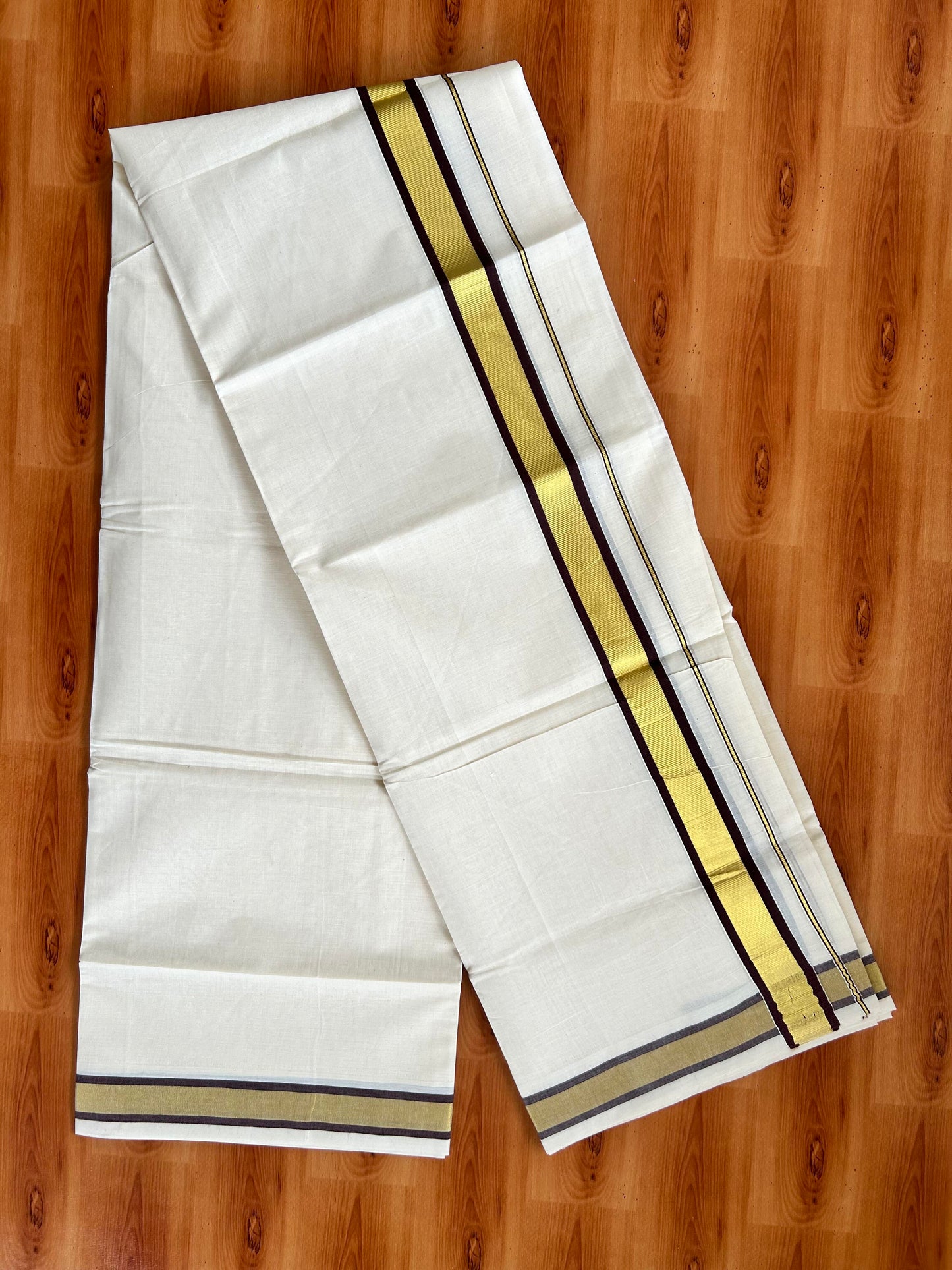 Double Off White - (Unbleached) Mundu/Dhoti - 20% Discount! KaithariKada Balaramapuram Pure Cotton - 80s - 1.25 inch Gold Kasav & Brown Kara - 4 mtr (8.5 Muzham) - 8 KK5413 GAN