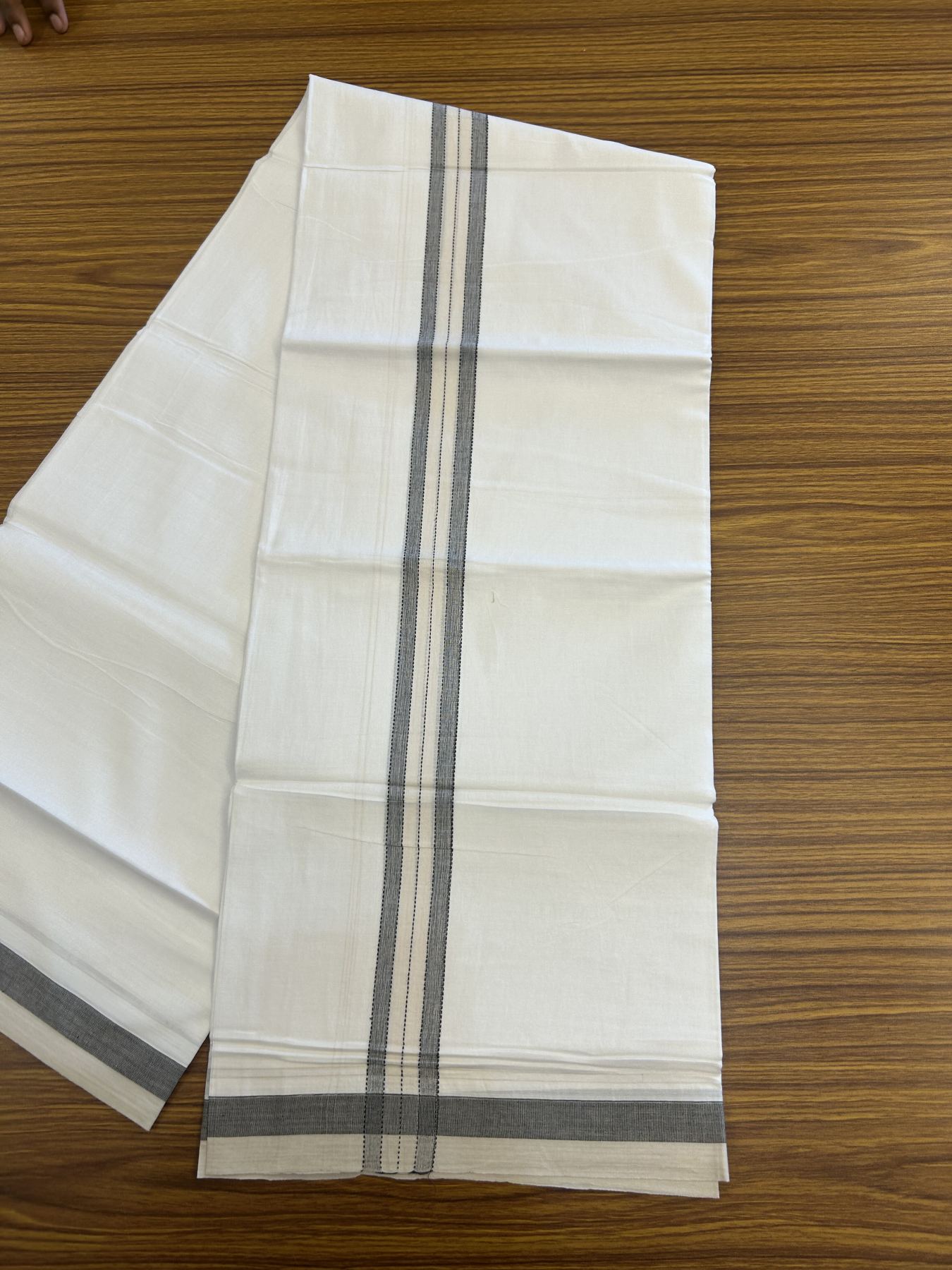 20% Discount! KaithariKada Balaramapuram 100% Cotton Double Pure white Mundu/Dhoti- 100x80 - 1.25 inch Black & Cream shaded kara - 3.75 mtr ( 8 muzham) - 56 KK5315 VAS