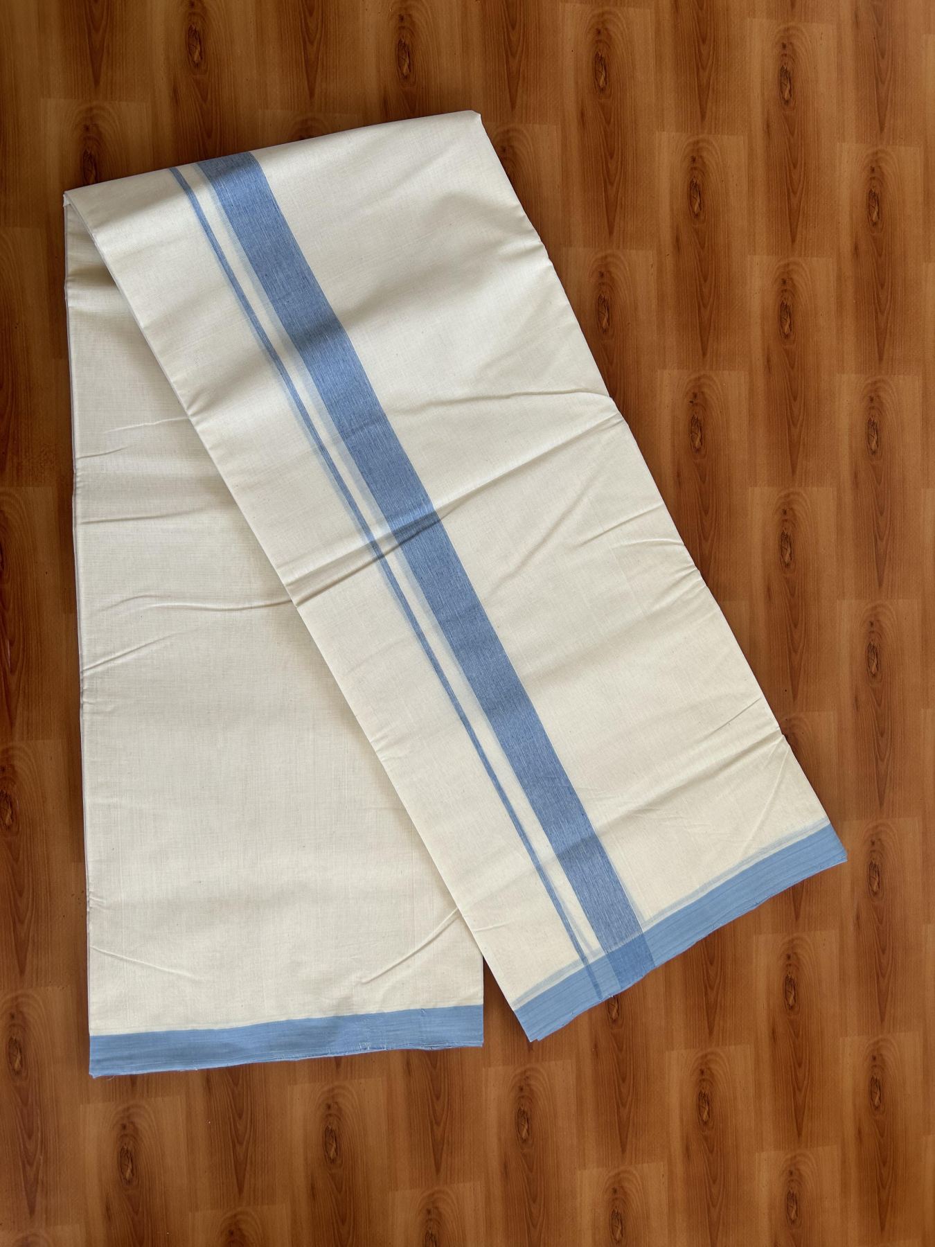 25% Discount! KaithariKada Handloom Millpaav - Kerala Handloom - Cotton Double Mundu/Dhoti Off white (Unbleached) - 80x90 - 1.5 inch Sky Blue Shaded Kara 4.50 meter (10 Muzham) - 107 KK5383 RAM