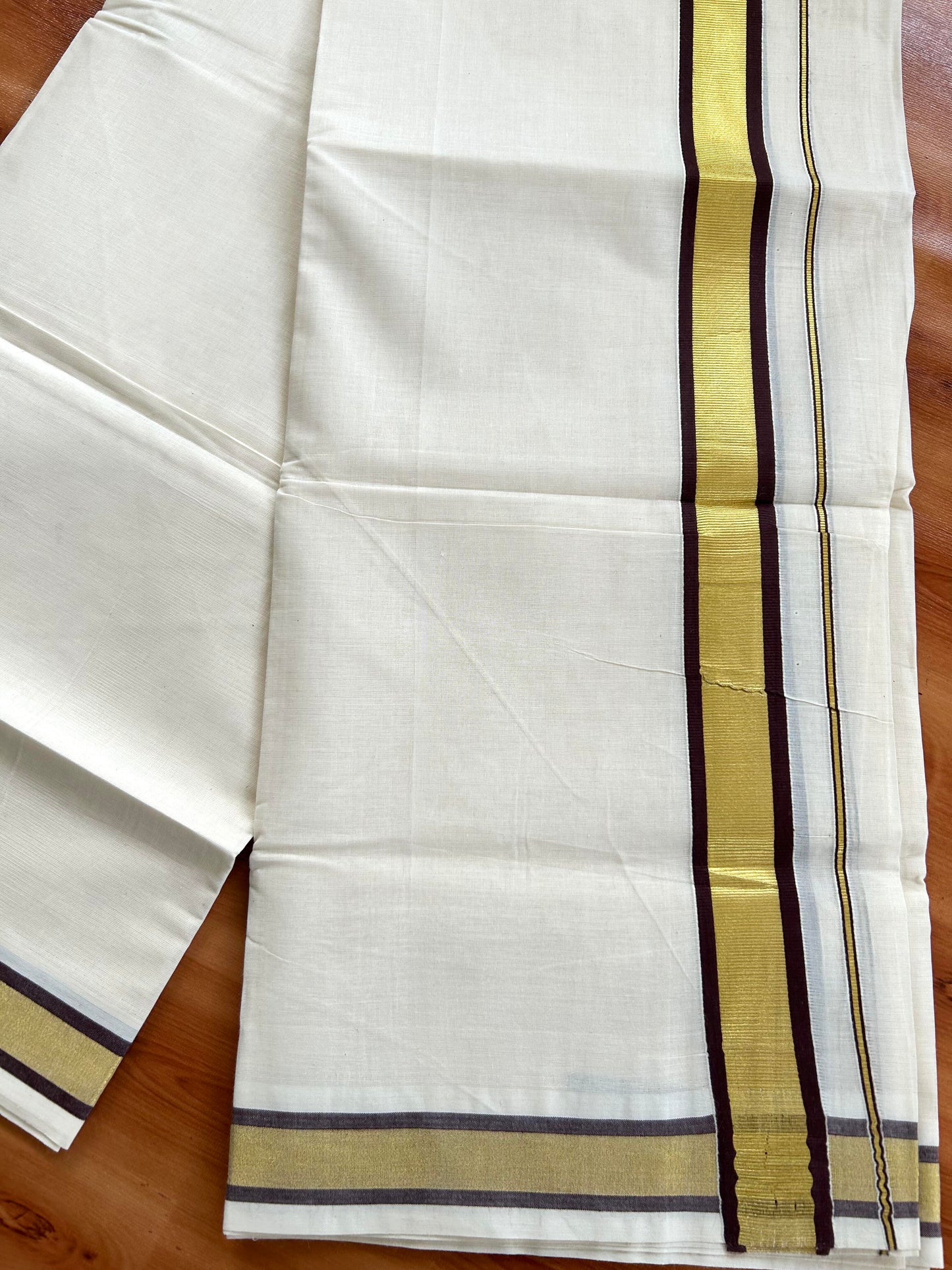 Double Off White - (Unbleached) Mundu/Dhoti - 20% Discount! KaithariKada Balaramapuram Pure Cotton - 80s - 1.25 inch Gold Kasav & Brown Kara - 4 mtr (8.5 Muzham) - 8 KK5413 GAN