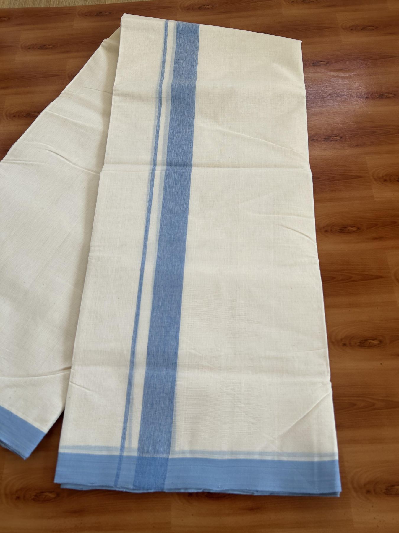 25% Discount! KaithariKada Handloom Millpaav - Kerala Handloom - Cotton Double Mundu/Dhoti Off white (Unbleached) - 80x90 - 1.5 inch Sky Blue Shaded Kara 4.50 meter (10 Muzham) - 107 KK5383 RAM