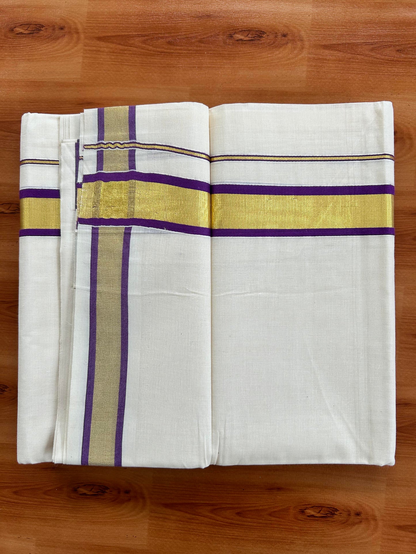 Double Off White - (Unbleached) Mundu/Dhoti - 20% Discount! KaithariKada Balaramapuram Pure Cotton - 80s - 1.25 inch Gold Kasav & Purple Kara - 4 mtr (8.5 Muzham) -3 KK5413 GAN