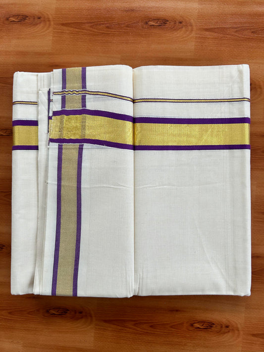 Double Off White - (Unbleached) Mundu/Dhoti - 20% Discount! KaithariKada Balaramapuram Pure Cotton - 80s - 1.25 inch Gold Kasav & Purple Kara - 4 mtr (8.5 Muzham) -3 KK5413 GAN