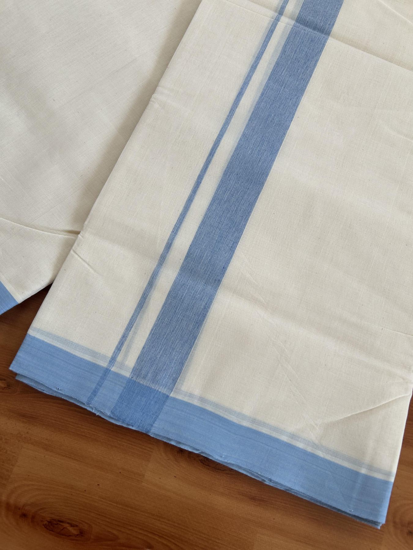 25% Discount! KaithariKada Handloom Millpaav - Kerala Handloom - Cotton Double Mundu/Dhoti Off white (Unbleached) - 80x90 - 1.5 inch Sky Blue Shaded Kara 4.50 meter (10 Muzham) - 107 KK5383 RAM