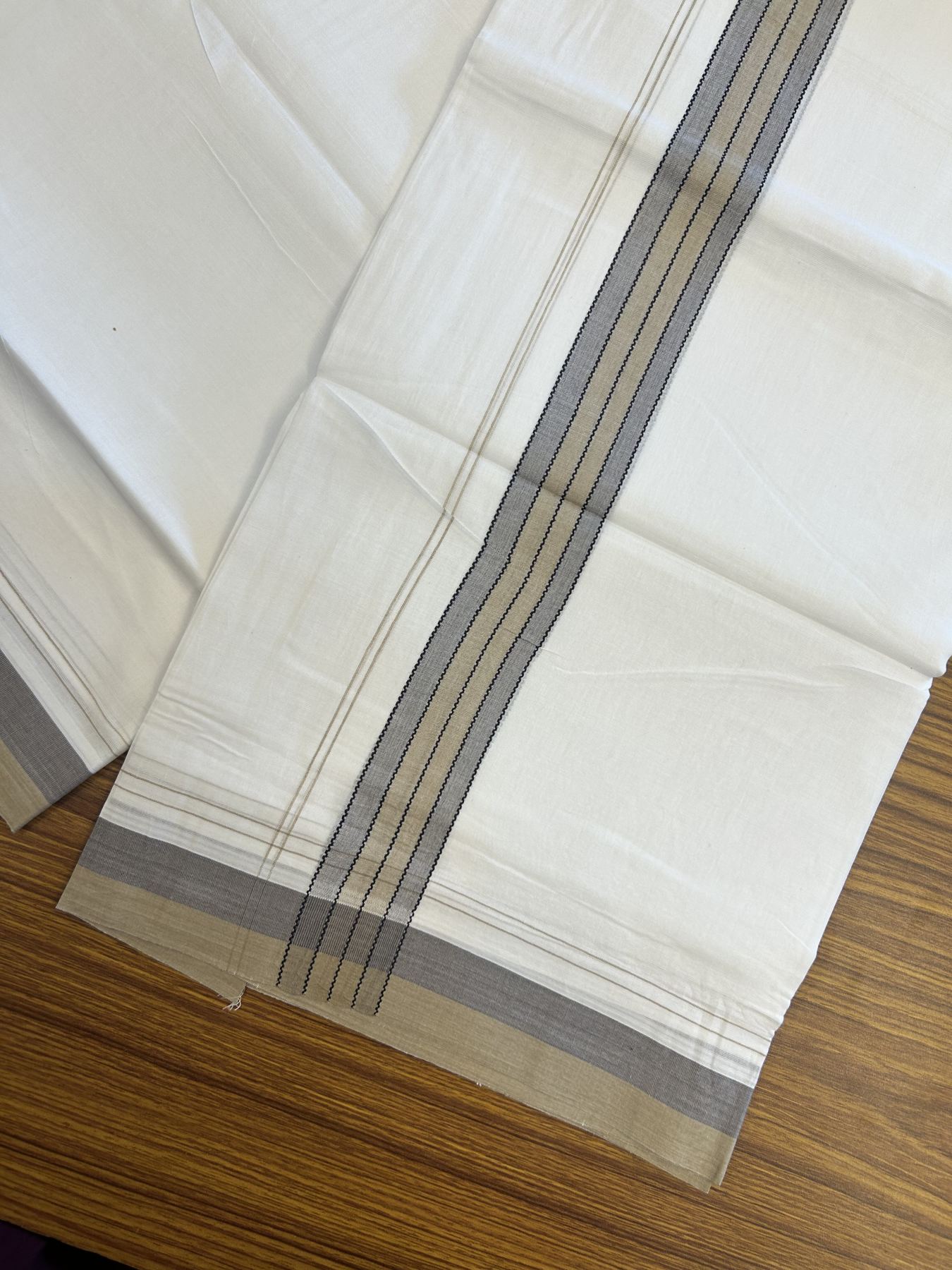 20% Discount! KaithariKada Balaramapuram 100% Cotton Double Pure white Mundu/Dhoti- 100x80 - 1.25 inch Olive Brown shaded kara - 3.75 mtr ( 8 muzham) - 63 KK5315 VAS