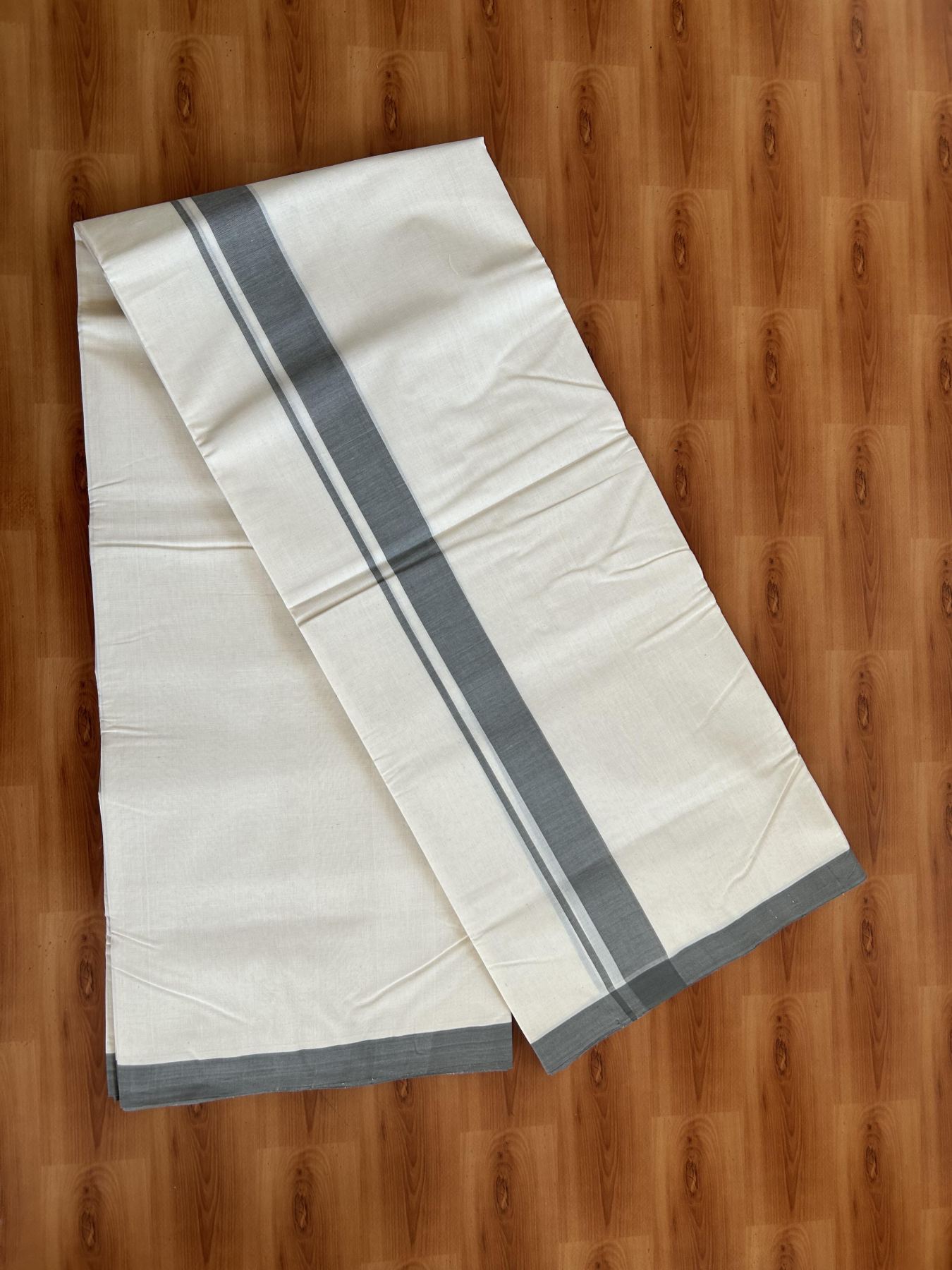 25% Discount! KaithariKada Handloom Millpaav - Kerala Handloom - Cotton Double Mundu/Dhoti Off white (Unbleached) - 80x90 - 1.5 inch Ash Mulloth Kara 4.50 meter (10 Muzham) - 105 KK5383 RAM