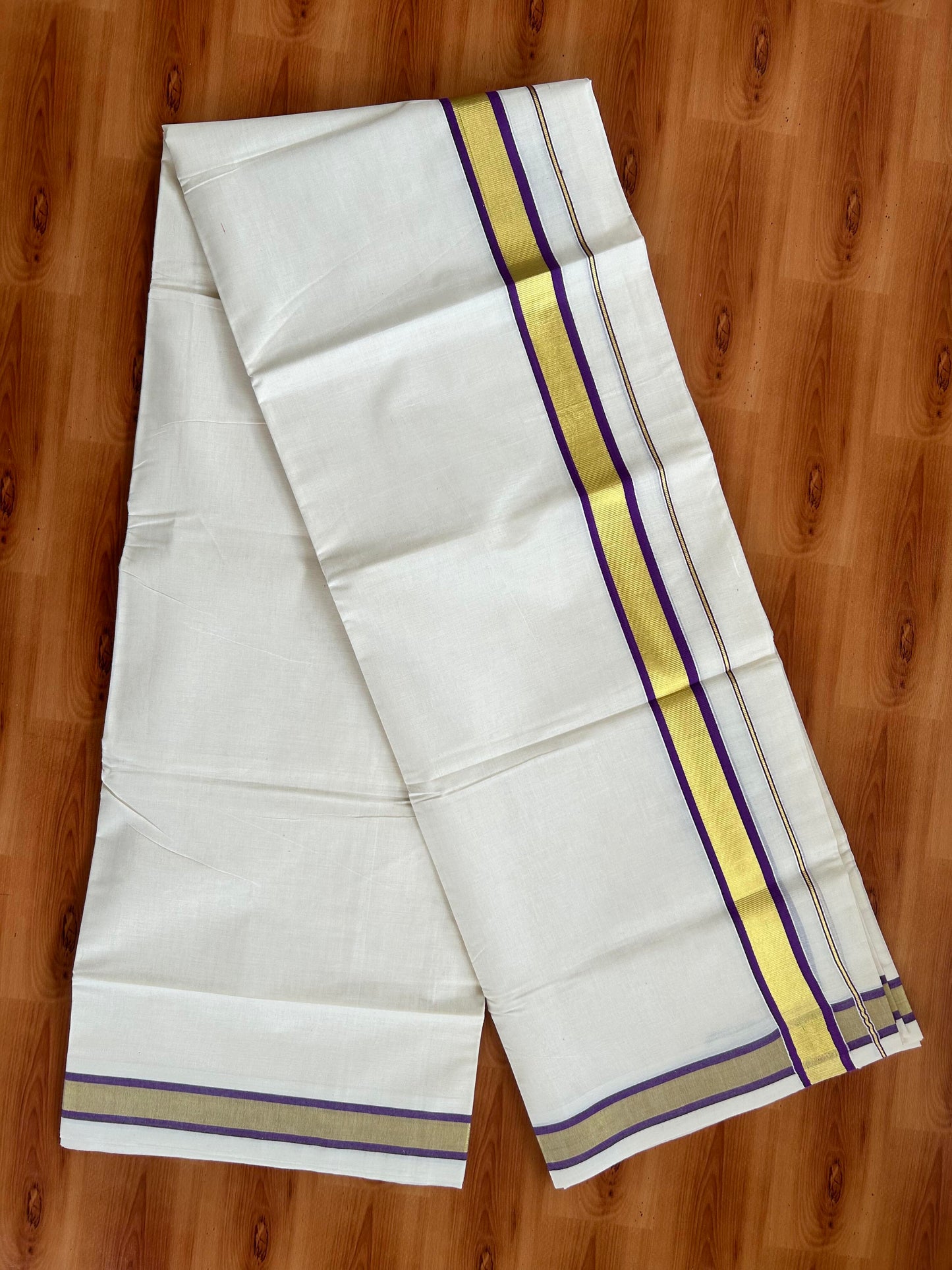 Double Off White - (Unbleached) Mundu/Dhoti - 20% Discount! KaithariKada Balaramapuram Pure Cotton - 80s - 1.25 inch Gold Kasav & Purple Kara - 4 mtr (8.5 Muzham) -3 KK5413 GAN