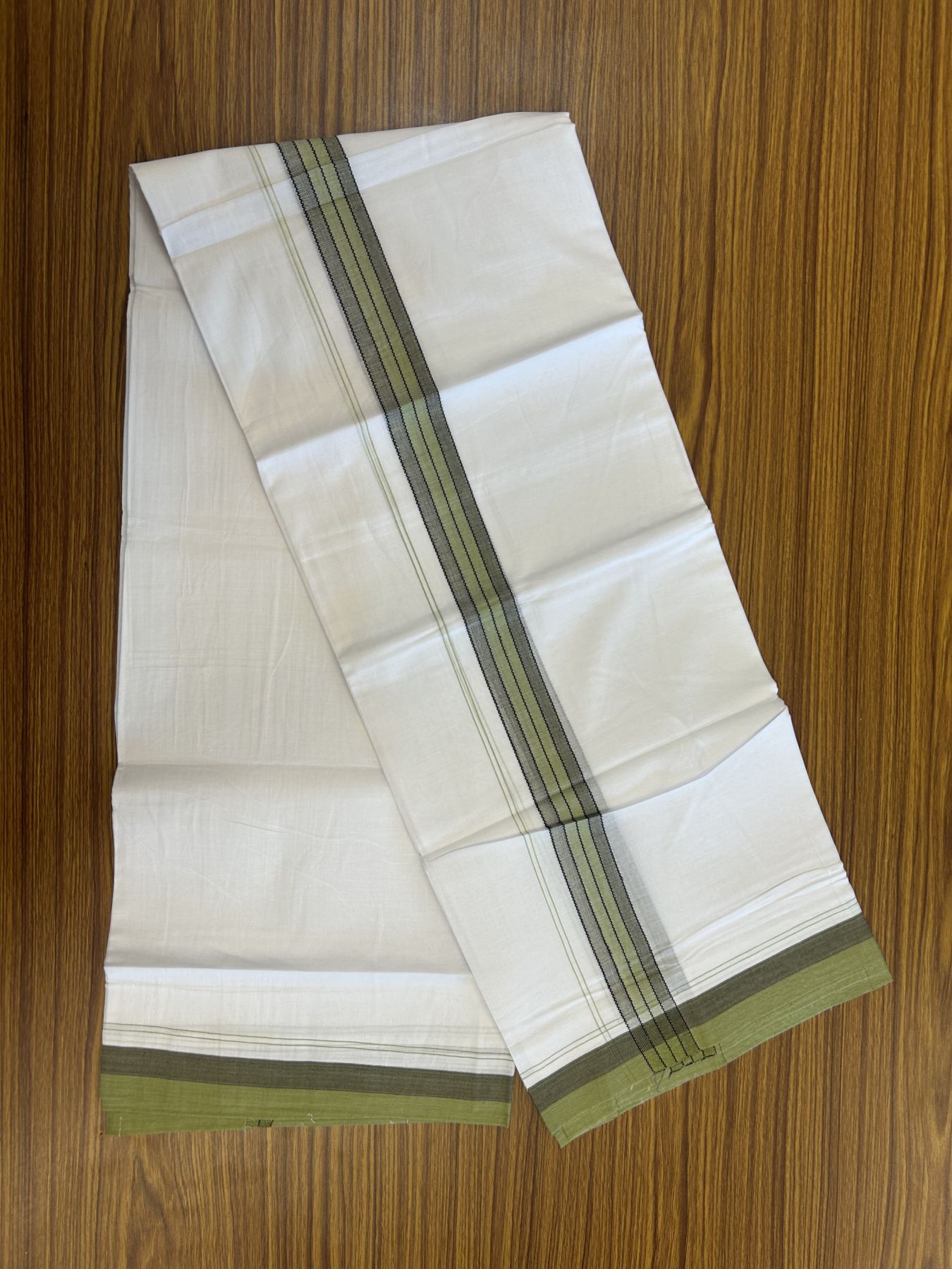 20% Discount! KaithariKada Balaramapuram 100% Cotton Double Pure white Mundu/Dhoti- 100x80 - 1.25 inch Olive Green & Brown shaded kara - 3.75 mtr ( 8 muzham) - 62 KK5315 VAS