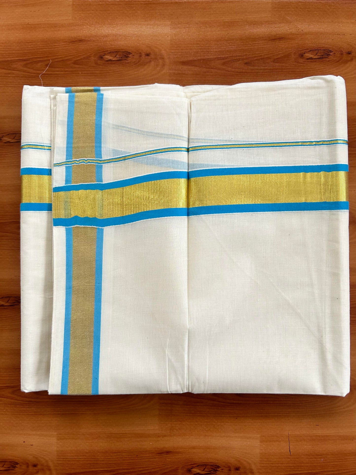 Double Off White - (Unbleached) Mundu/Dhoti - 20% Discount! KaithariKada Balaramapuram Pure Cotton - 80s - 1.25 inch Gold Kasav & Sky Blue Kara - 4 mtr (8.5 Muzham) -1 KK5413 GAN