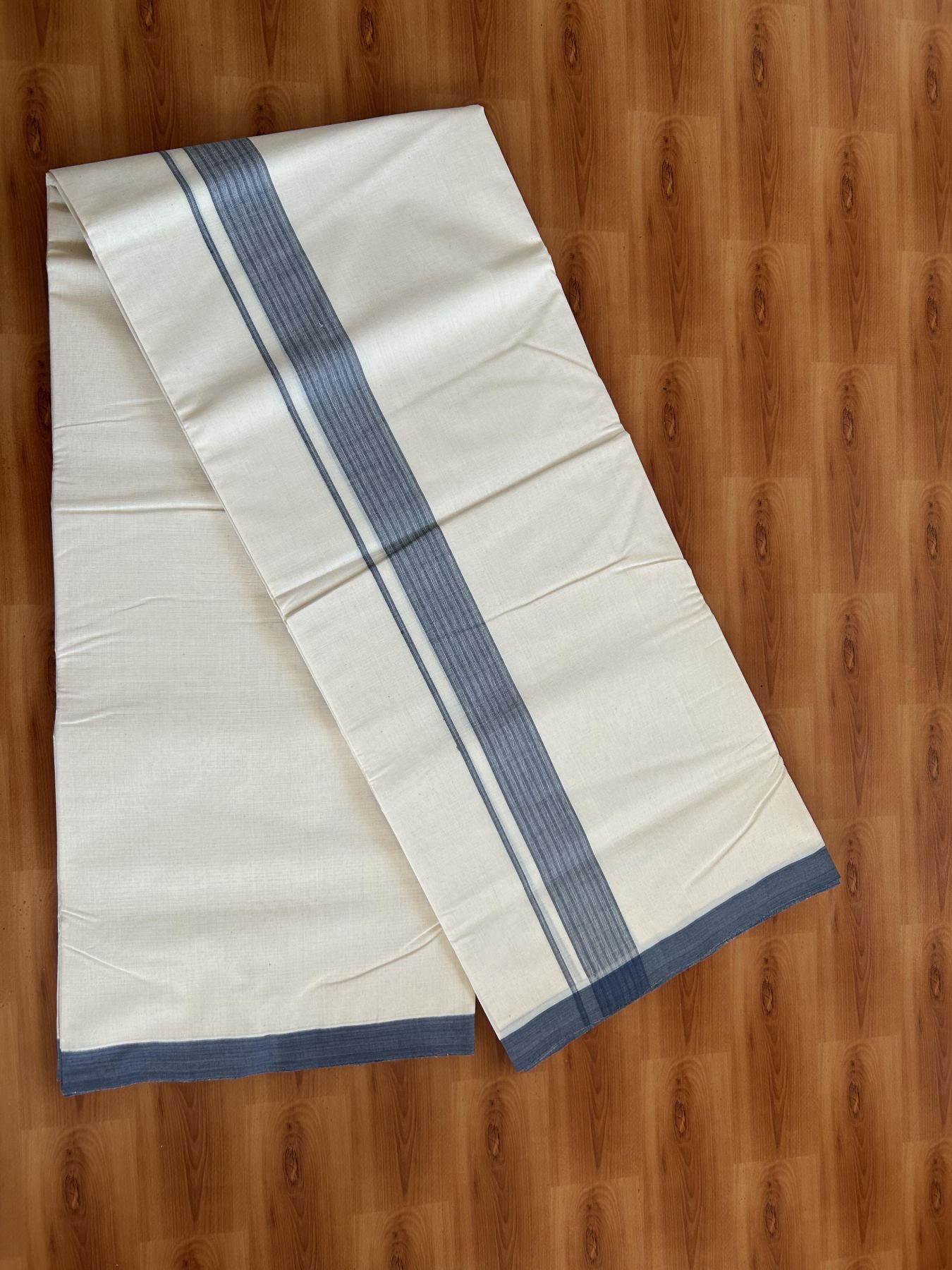 25% Discount! KaithariKada Handloom Millpaav - Kerala Handloom - Cotton Double Mundu/Dhoti Off white (Unbleached) - 80x90 - 1.75 inch Ash Blue Stripes Kara 4.50 meter (10 Muzham) - 104 KK5383 RAM