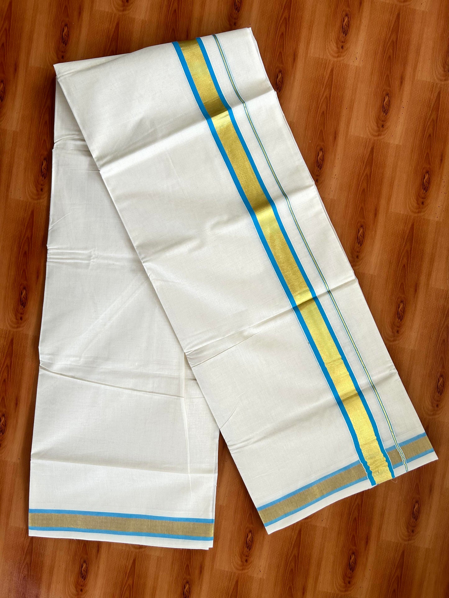 Double Off White - (Unbleached) Mundu/Dhoti - 20% Discount! KaithariKada Balaramapuram Pure Cotton - 80s - 1.25 inch Gold Kasav & Sky Blue Kara - 4 mtr (8.5 Muzham) -1 KK5413 GAN