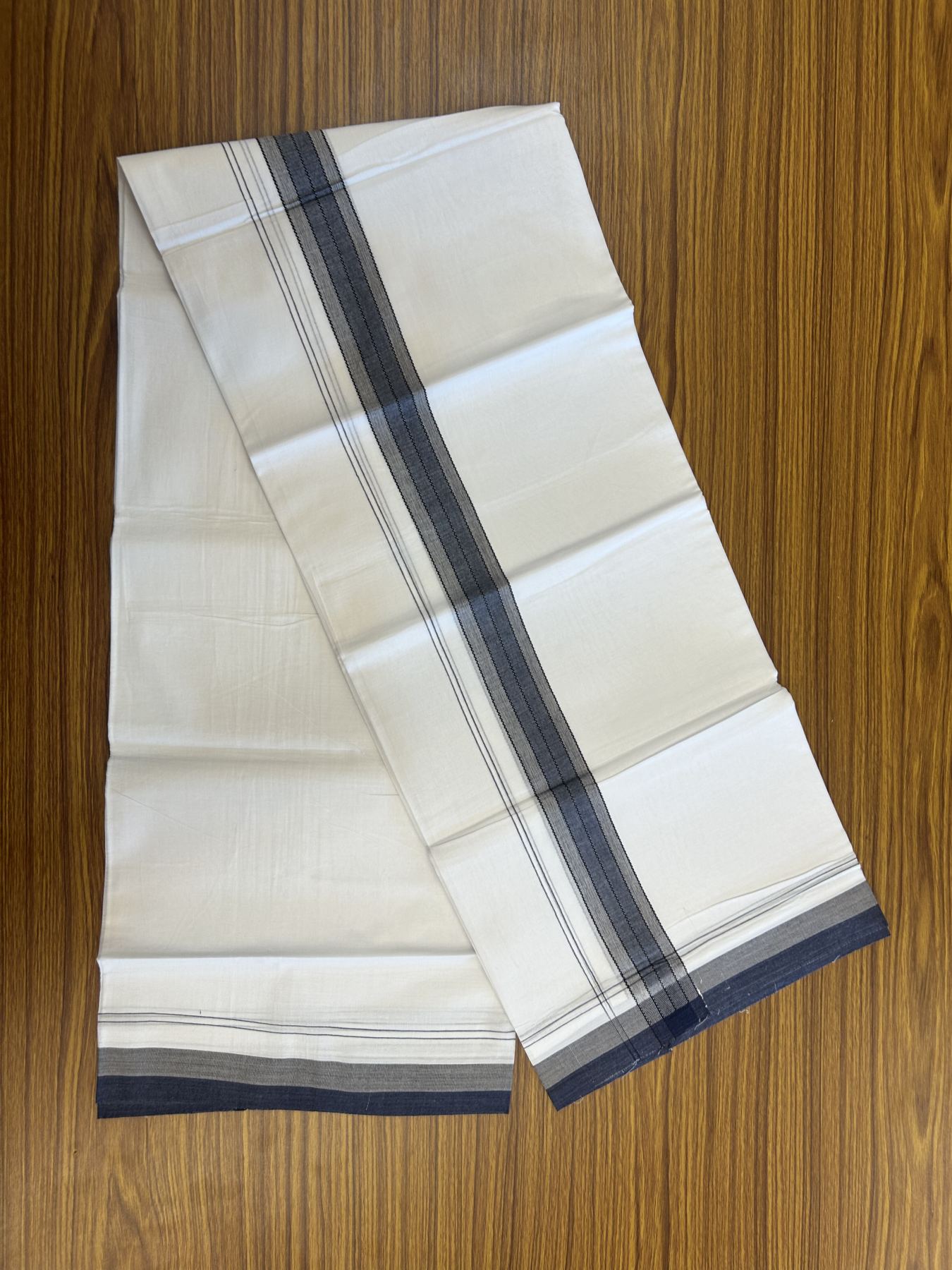 20% Discount! KaithariKada Balaramapuram 100% Cotton Double Pure white Mundu/Dhoti- 100x80 - 1.25 inch Navy Blue shaded kara - 3.75 mtr ( 8 muzham) - 60 KK5315 VAS
