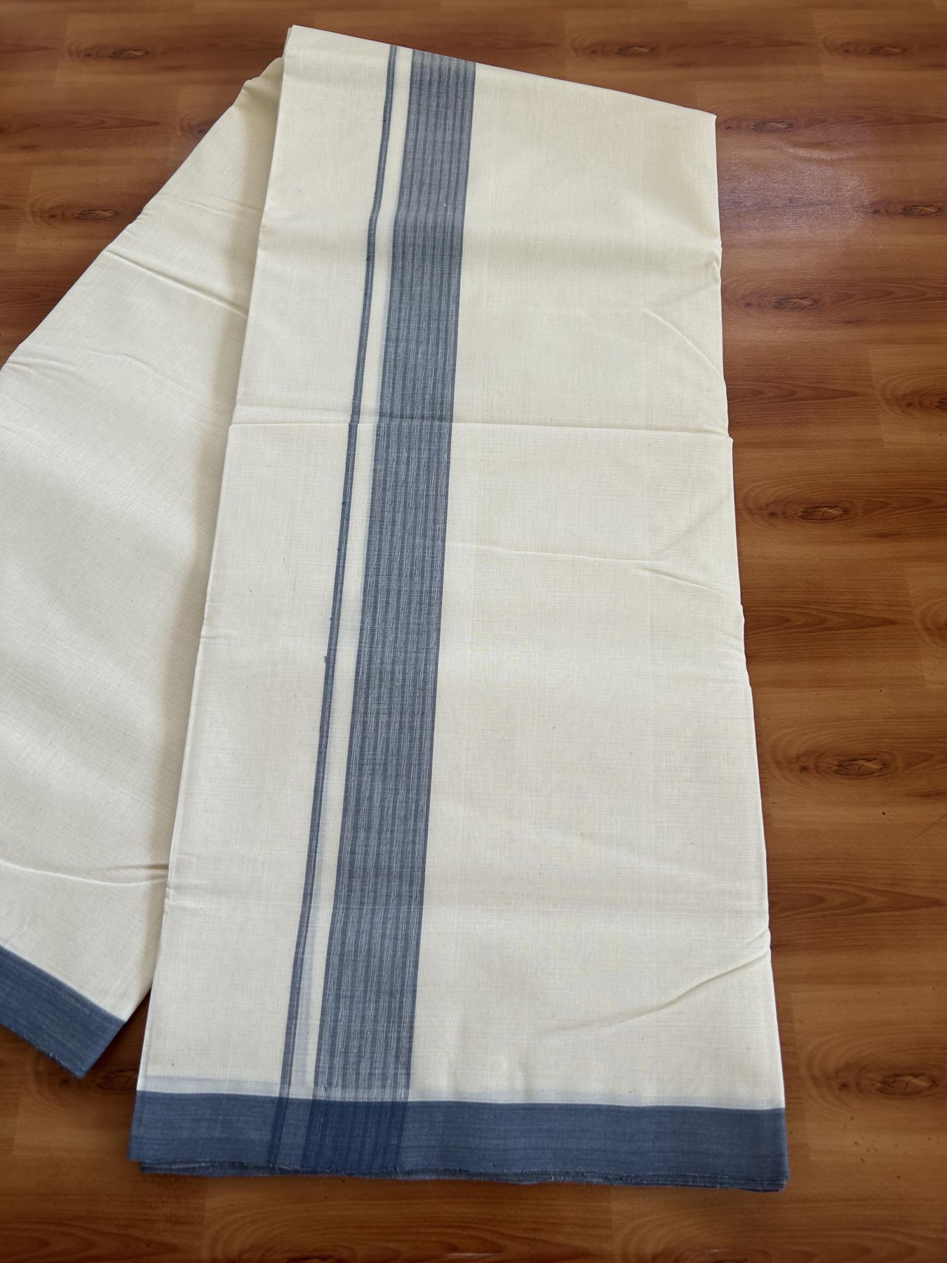 25% Discount! KaithariKada Handloom Millpaav - Kerala Handloom - Cotton Double Mundu/Dhoti Off white (Unbleached) - 80x90 - 1.75 inch Ash Blue Stripes Kara 4.50 meter (10 Muzham) - 104 KK5383 RAM