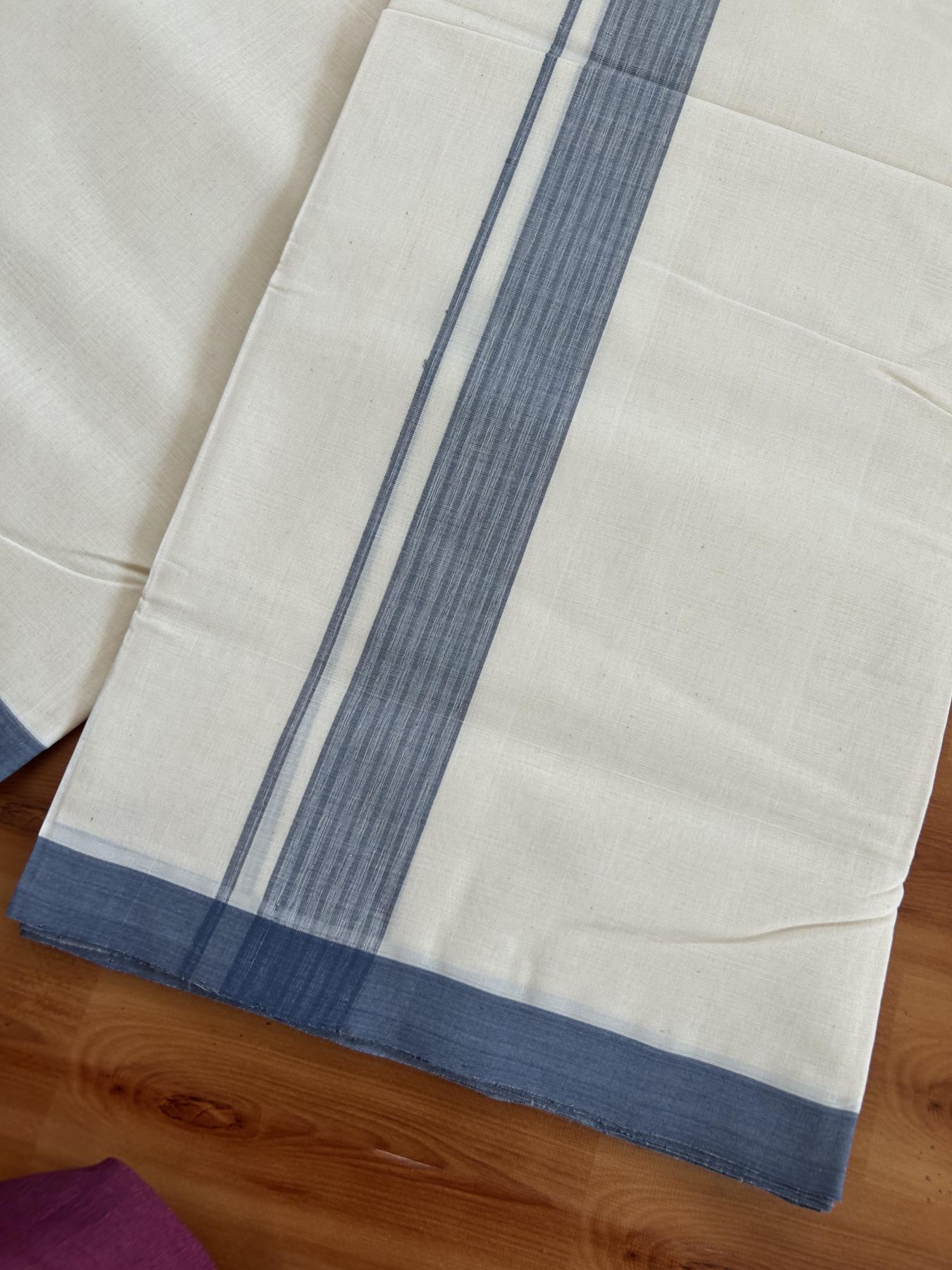 25% Discount! KaithariKada Handloom Millpaav - Kerala Handloom - Cotton Double Mundu/Dhoti Off white (Unbleached) - 80x90 - 1.75 inch Ash Blue Stripes Kara 4.50 meter (10 Muzham) - 104 KK5383 RAM