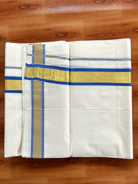 Double Off White - (Unbleached) Mundu/Dhoti - 20% Discount! KaithariKada Balaramapuram Pure Cotton - 80s - 1.25 inch Gold Kasav & Blue Kara - 4 mtr (8.5 Muzham) - 2 KK5413 GAN