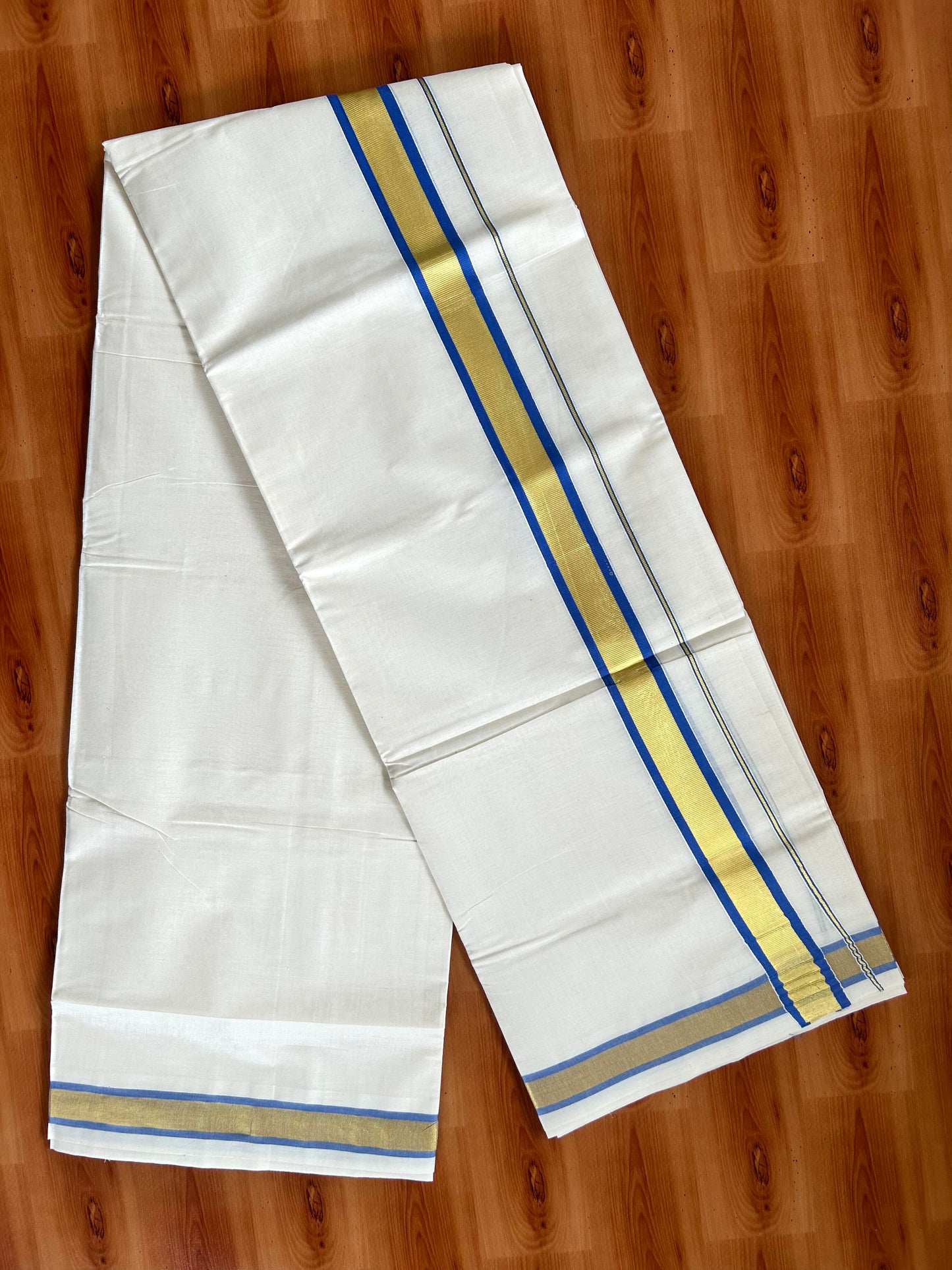 Double Off White - (Unbleached) Mundu/Dhoti - 20% Discount! KaithariKada Balaramapuram Pure Cotton - 80s - 1.25 inch Gold Kasav & Blue Kara - 4 mtr (8.5 Muzham) - 2 KK5413 GAN