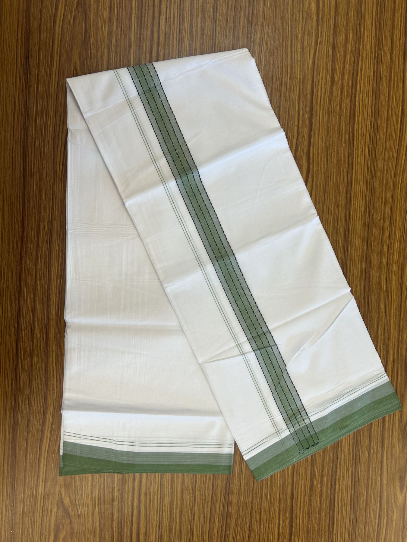 20% Discount! KaithariKada Balaramapuram 100% Cotton Double Pure white Mundu/Dhoti- 100x80 - 1.25 inch Green shaded kara - 3.75 mtr ( 8 muzham) - 61 KK5315 VAS