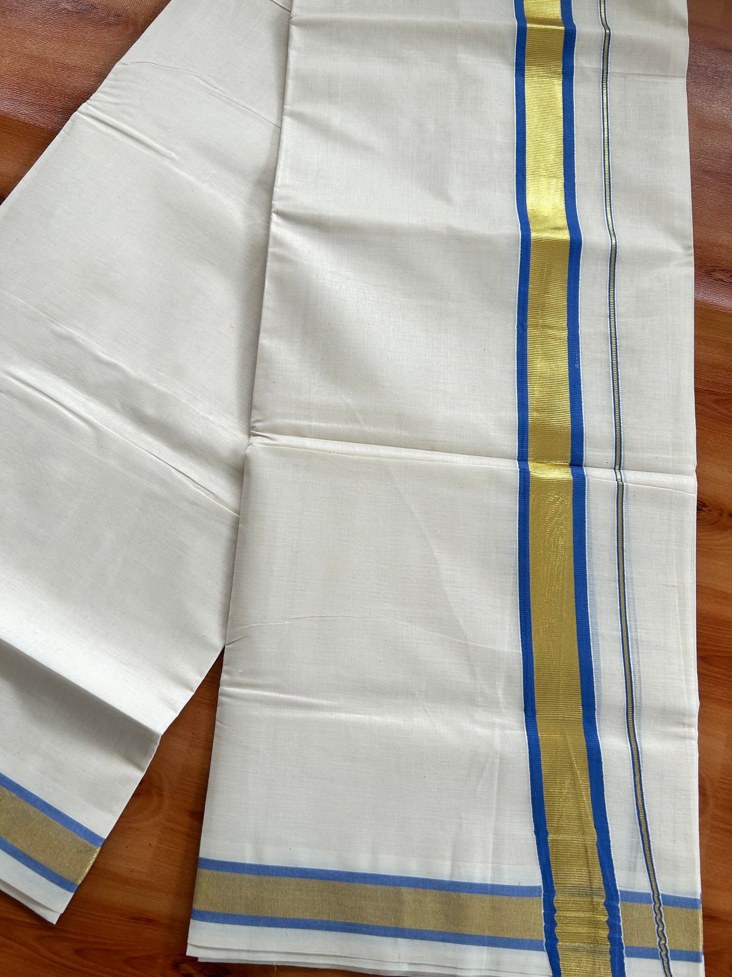 Double Off White - (Unbleached) Mundu/Dhoti - 20% Discount! KaithariKada Balaramapuram Pure Cotton - 80s - 1.25 inch Gold Kasav & Blue Kara - 4 mtr (8.5 Muzham) - 2 KK5413 GAN