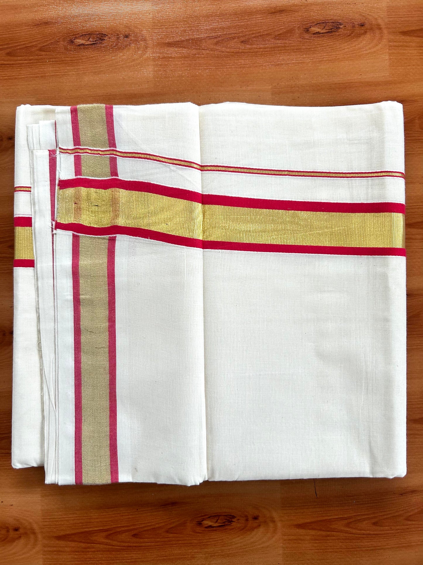 Double Off White - (Unbleached) Mundu/Dhoti - 20% Discount! KaithariKada Balaramapuram Pure Cotton - 80s - 1.25 inch Gold Kasav & Reddish Pink Kara - 4 mtr (8.5 Muzham) - 5 KK5413 GAN