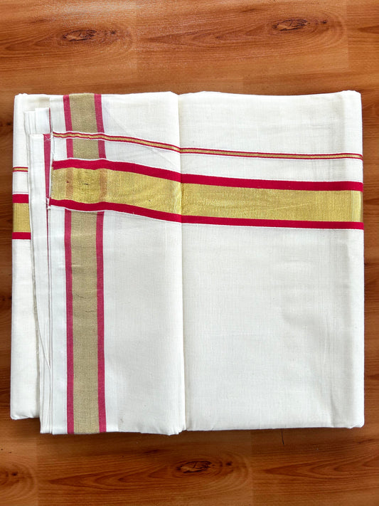 Double Off White - (Unbleached) Mundu/Dhoti - 20% Discount! KaithariKada Balaramapuram Pure Cotton - 80s - 1.25 inch Gold Kasav & Reddish Pink Kara - 4 mtr (8.5 Muzham) - 5 KK5413 GAN