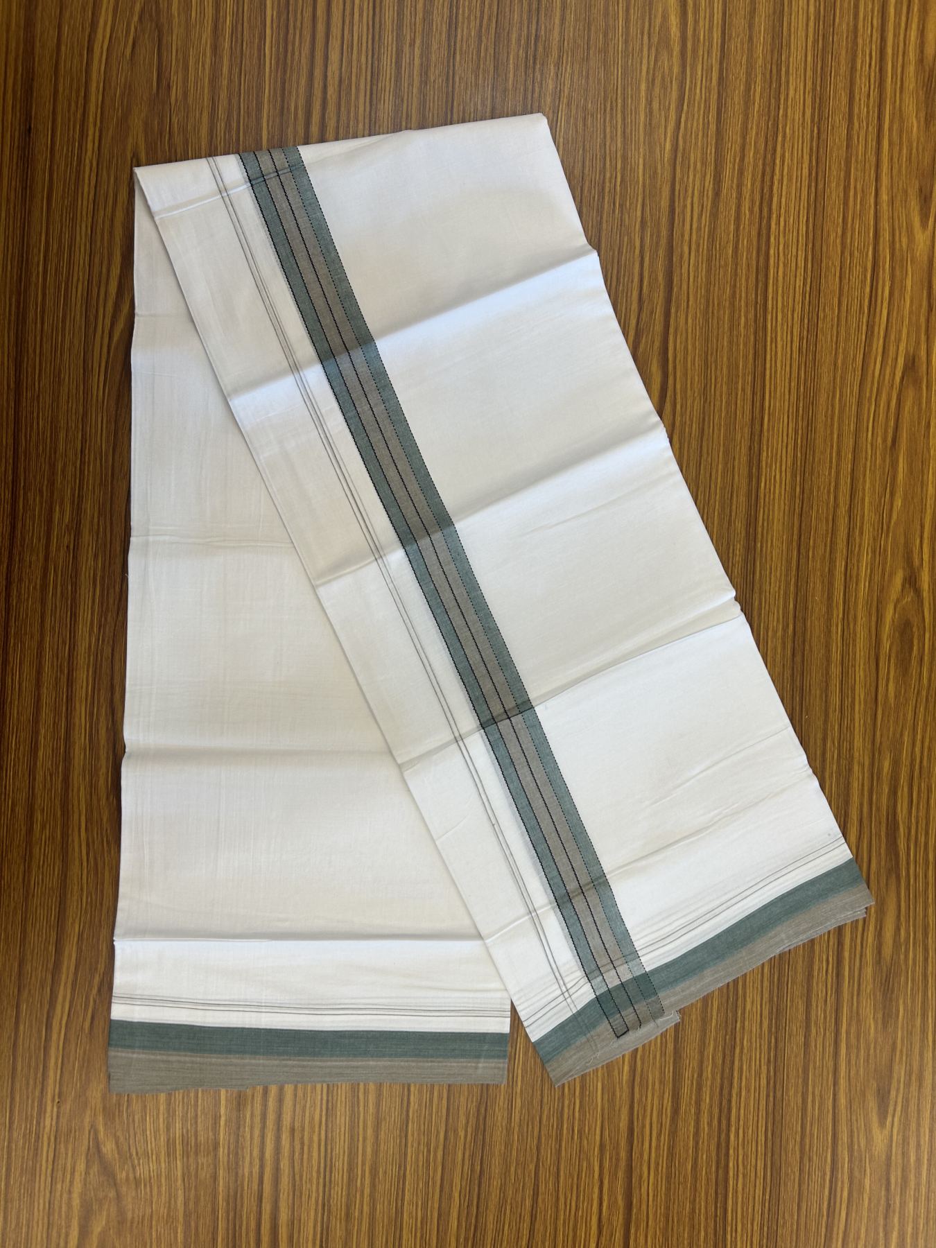 20% Discount! KaithariKada Balaramapuram 100% Cotton Double Pure white Mundu/Dhoti- 100x80 - 1.25 inch Green & Brown shaded kara - 3.75 mtr ( 8 muzham) - 59 KK5315 VAS