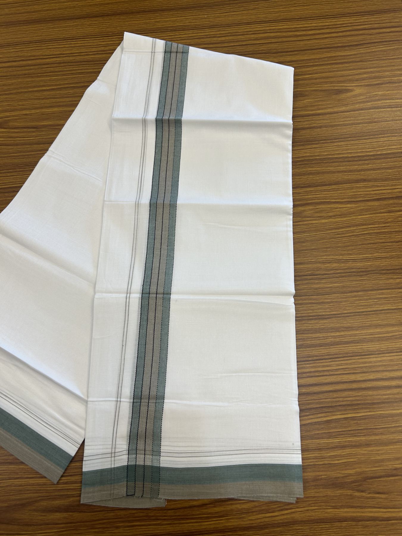 20% Discount! KaithariKada Balaramapuram 100% Cotton Double Pure white Mundu/Dhoti- 100x80 - 1.25 inch Green & Brown shaded kara - 3.75 mtr ( 8 muzham) - 59 KK5315 VAS