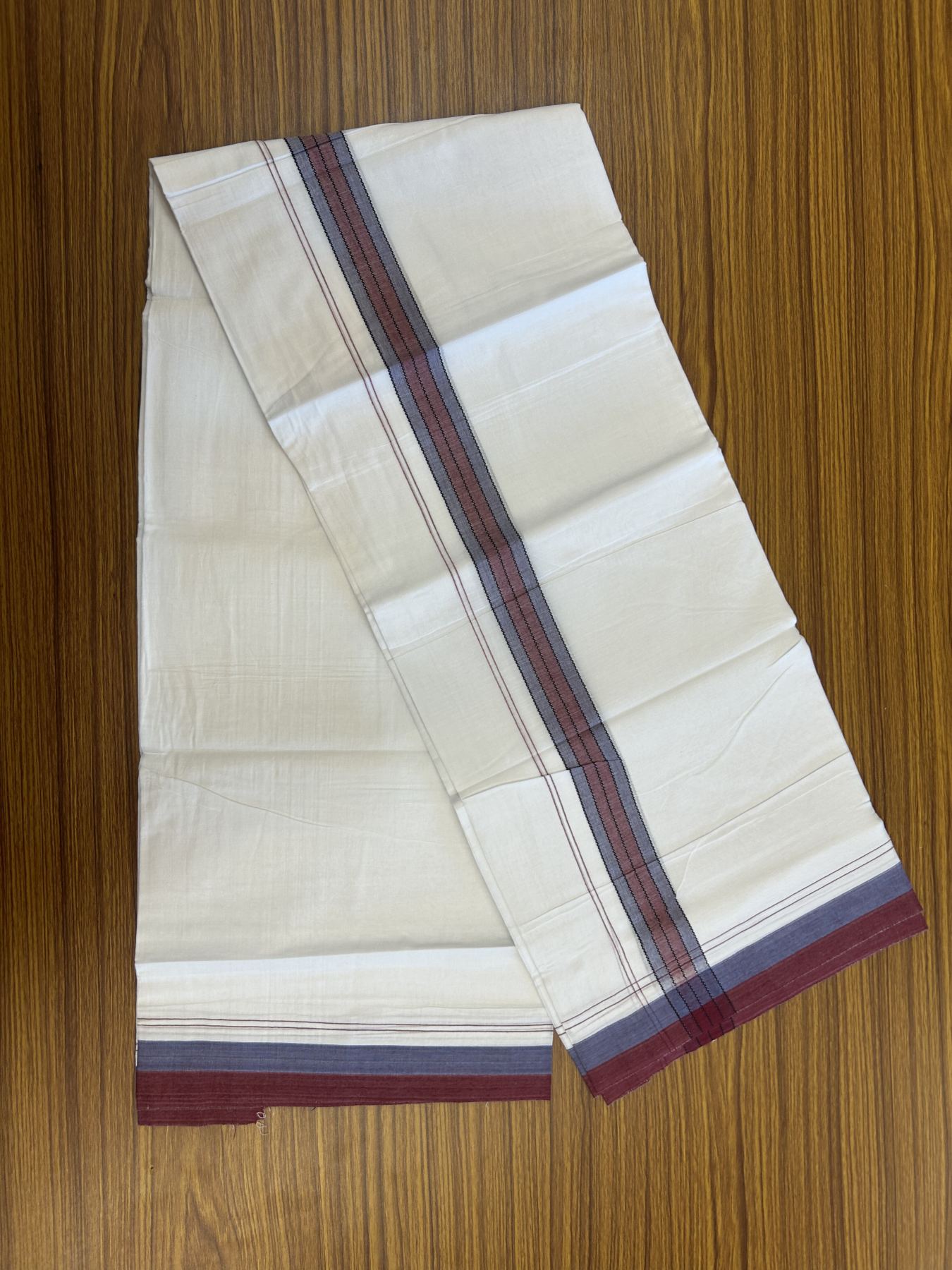 20% Discount! KaithariKada Balaramapuram 100% Cotton Double Pure white Mundu/Dhoti- 100x80 - 1.25 inch Blue & Maroon shaded kara - 3.75 mtr ( 8 muzham) - 57 KK5315 VAS
