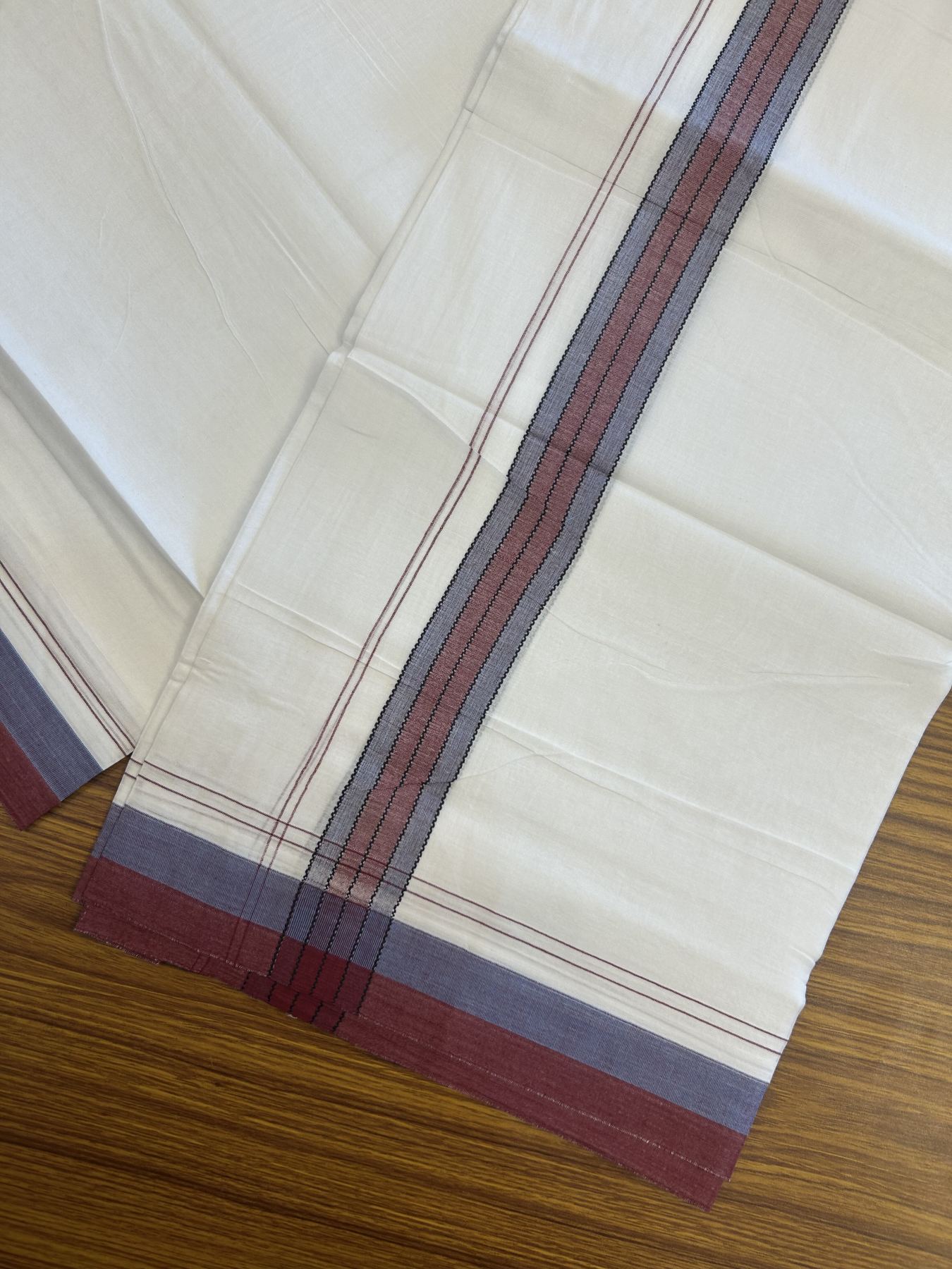 20% Discount! KaithariKada Balaramapuram 100% Cotton Double Pure white Mundu/Dhoti- 100x80 - 1.25 inch Blue & Maroon shaded kara - 3.75 mtr ( 8 muzham) - 57 KK5315 VAS